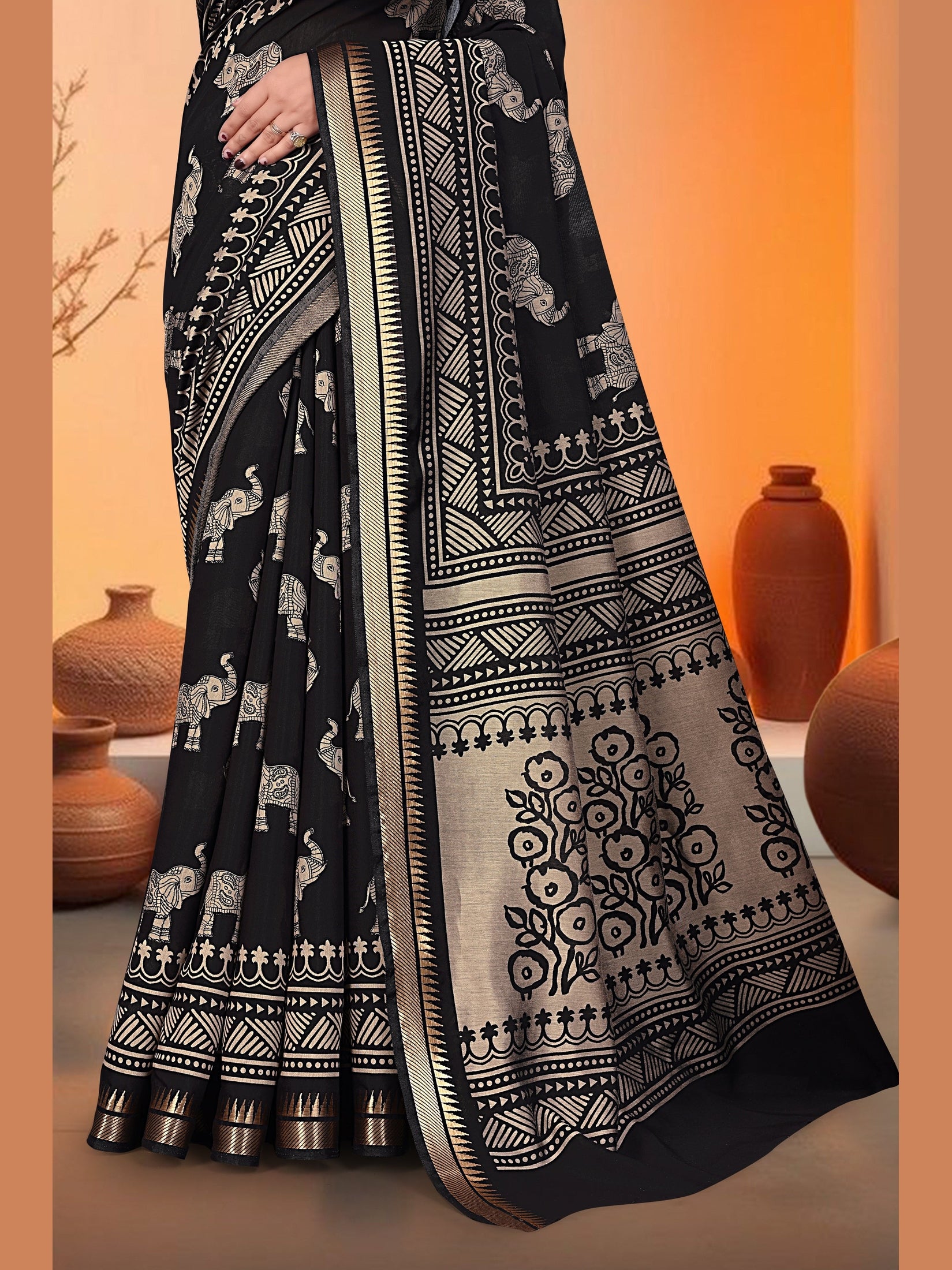Elephant Print Saree – Black & Beige