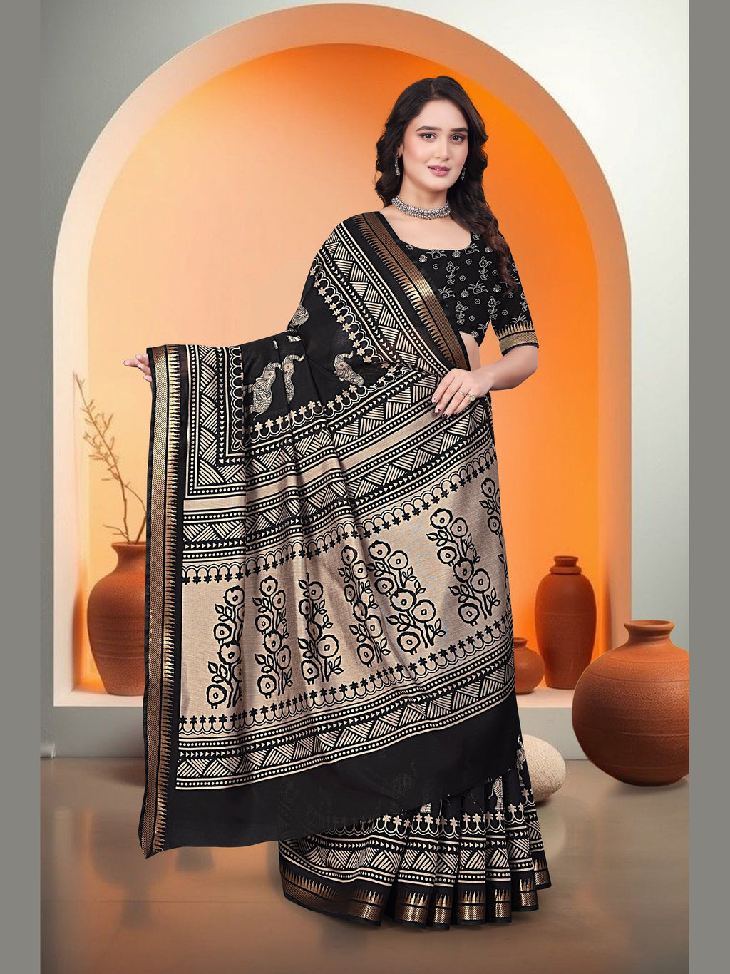 Elephant Print Saree – Black & Beige
