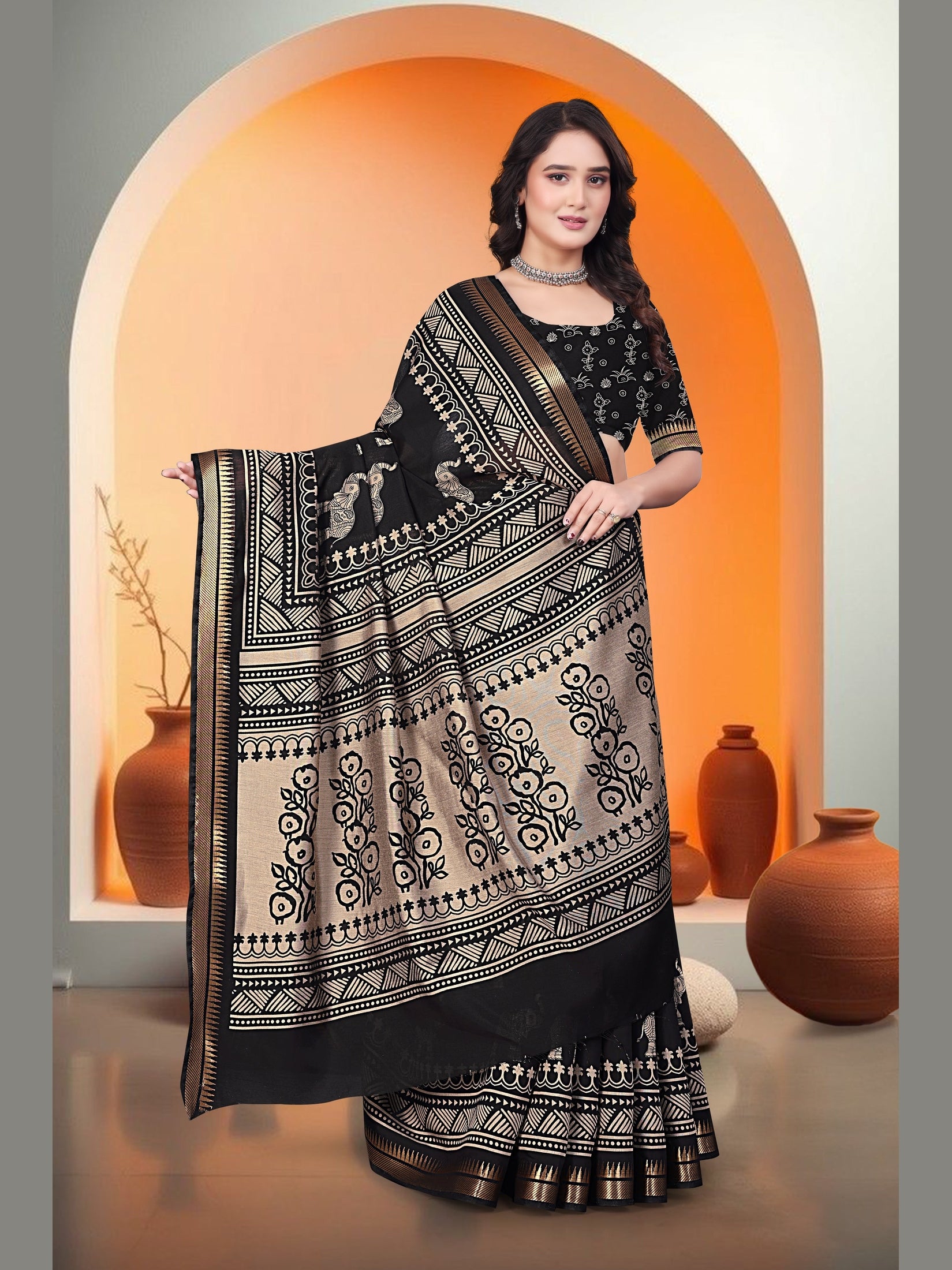 Elephant Print Saree – Black & Beige