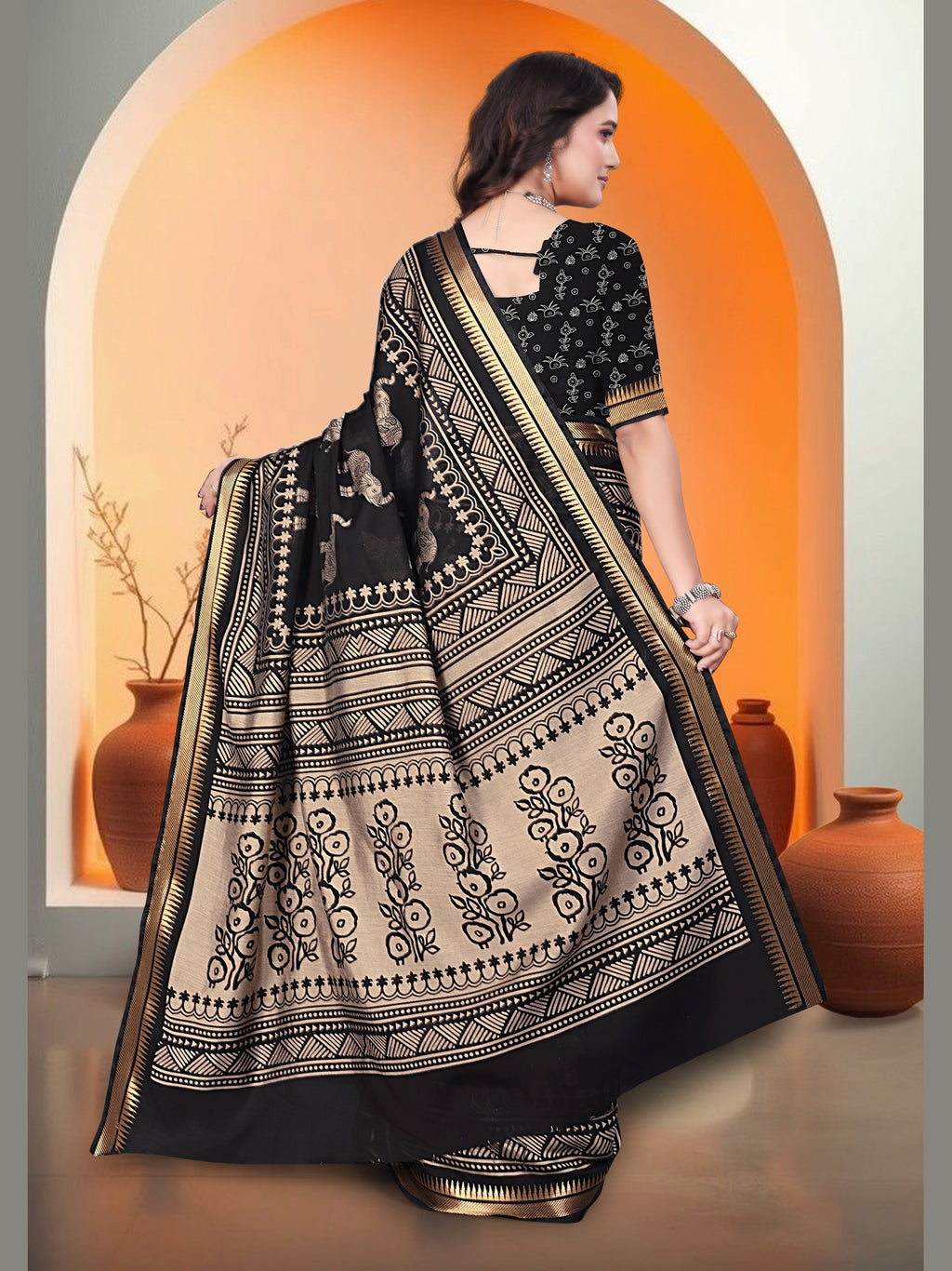 Elephant Print Saree – Black & Beige