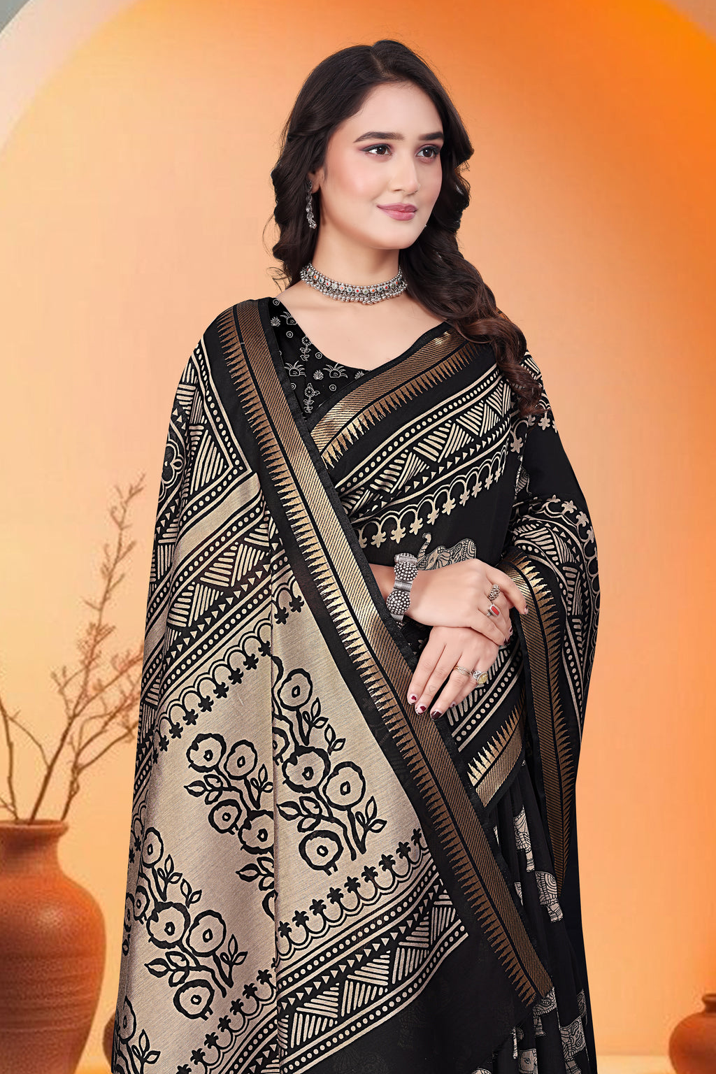 Elephant Print Saree – Beige & Black