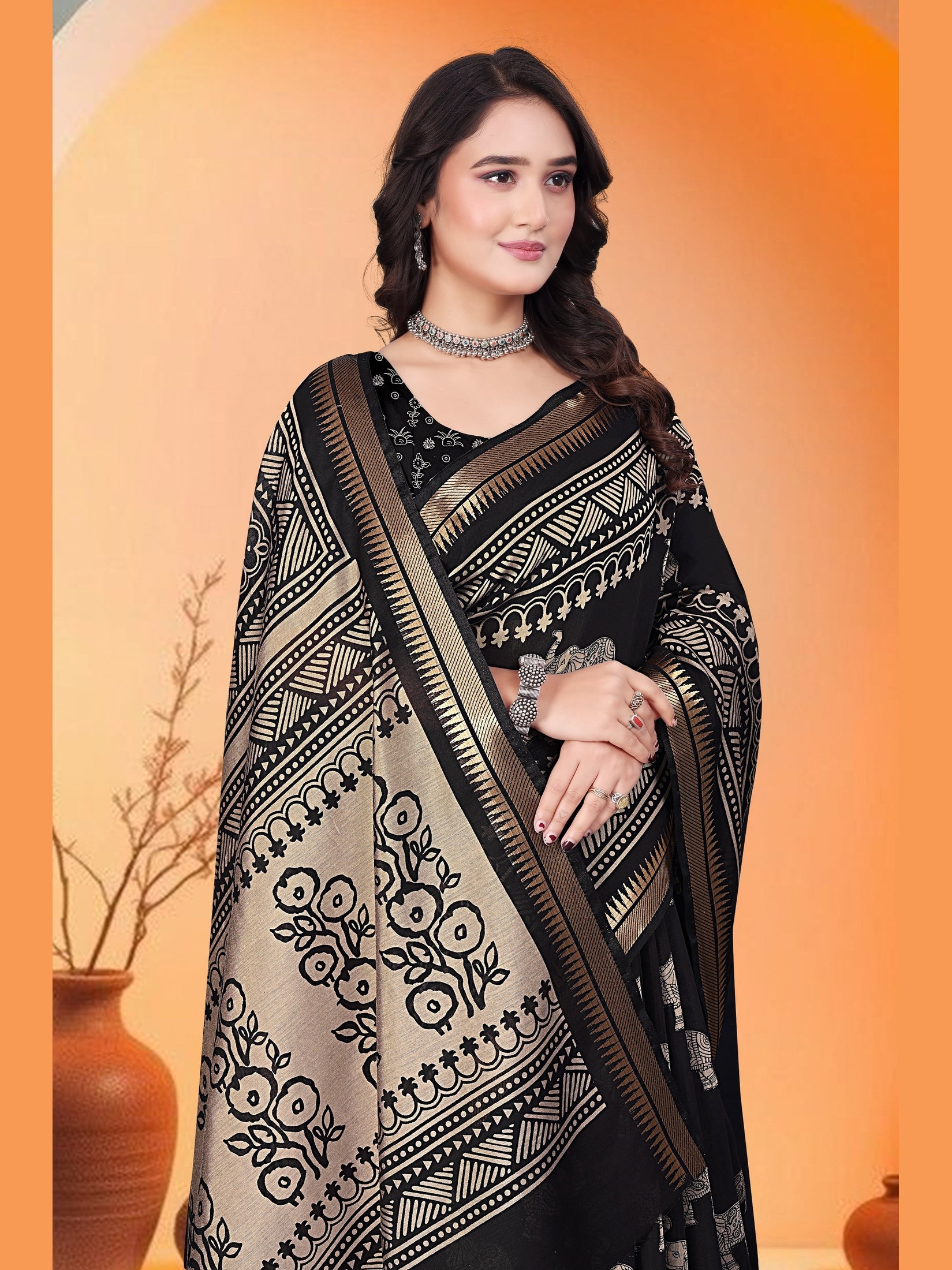 Elephant Print Saree – Black & Beige