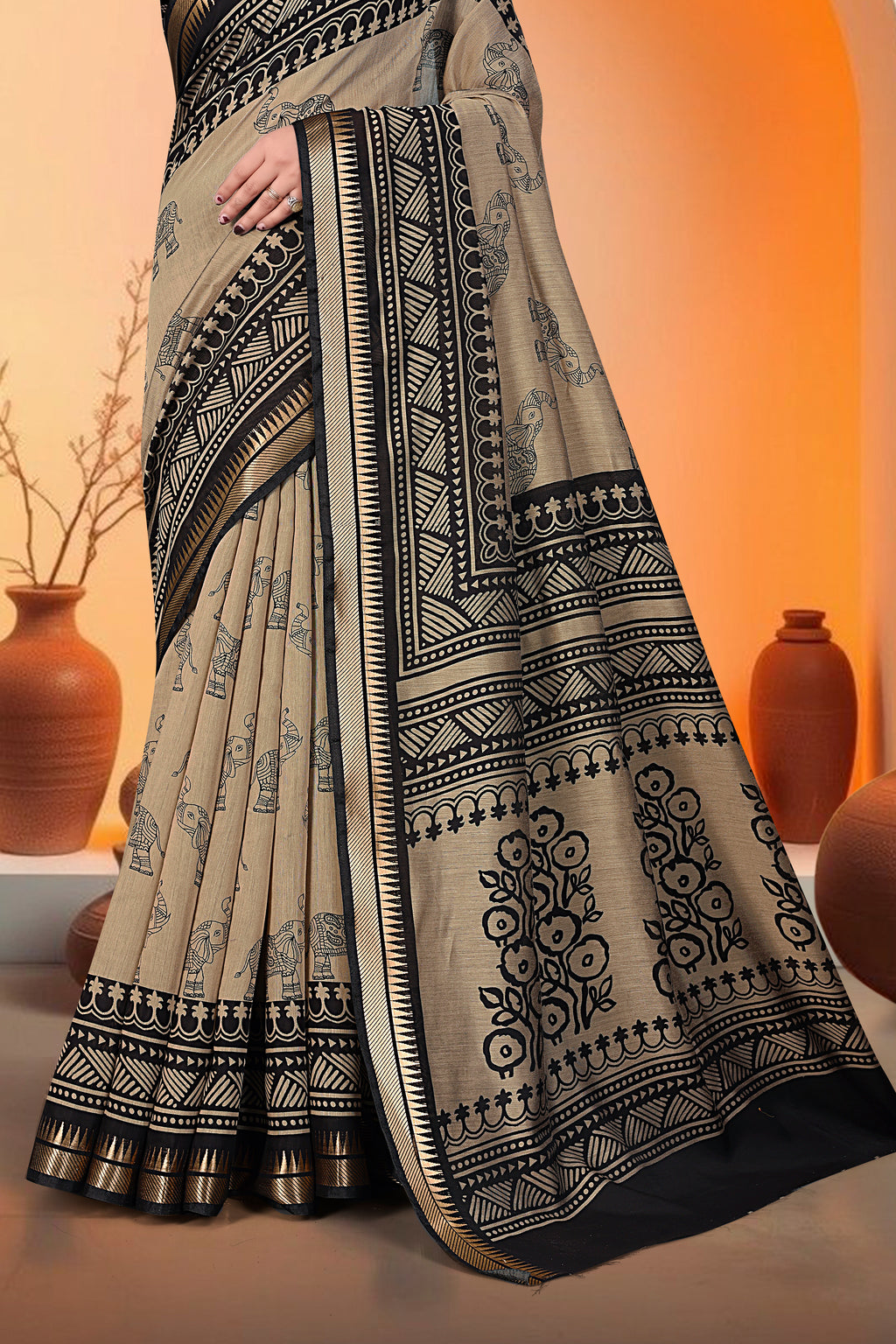 Elephant Print Saree – Beige & Black