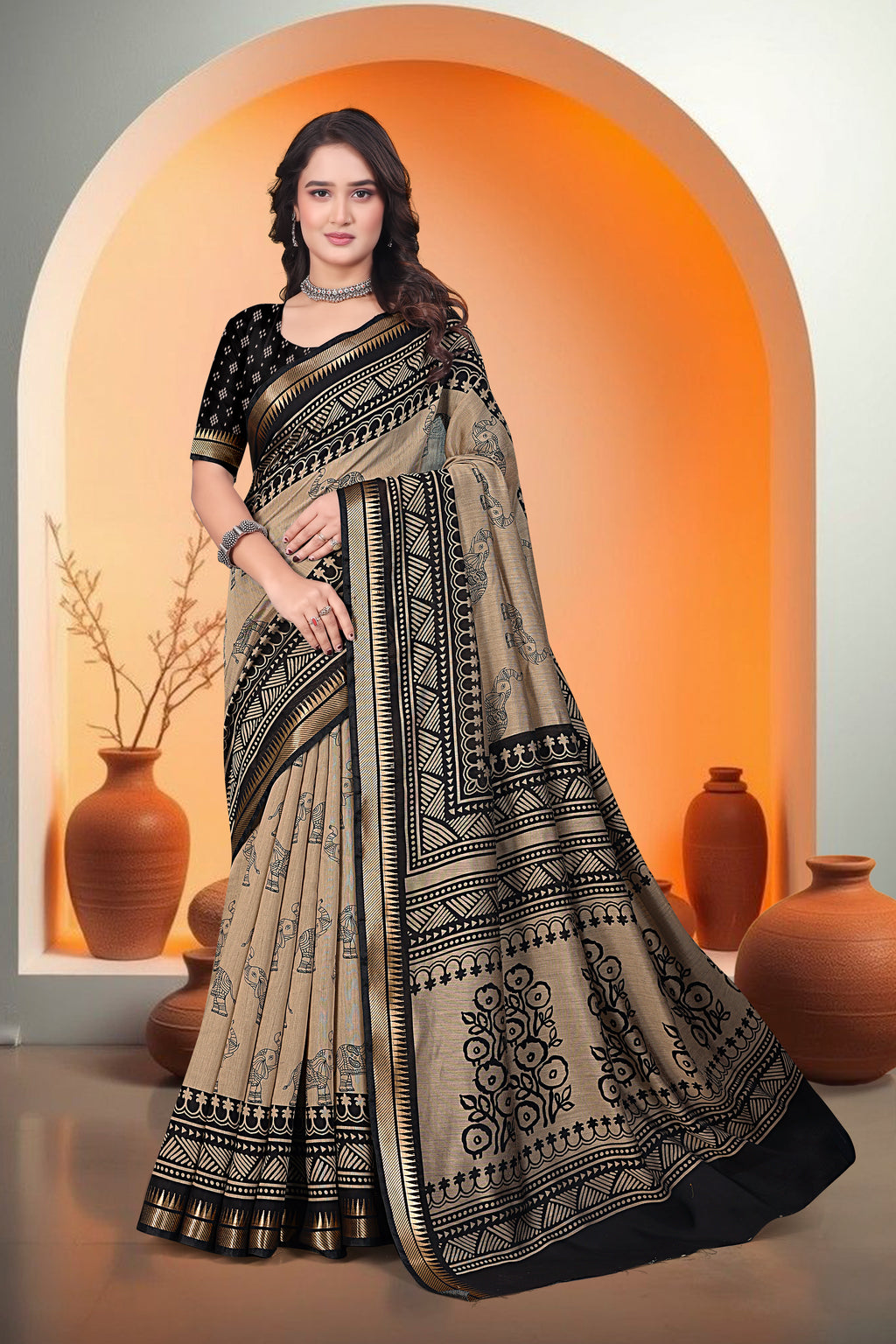 Elephant Print Saree – Beige & Black