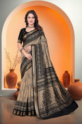 Elephant Print Saree – Beige & Black