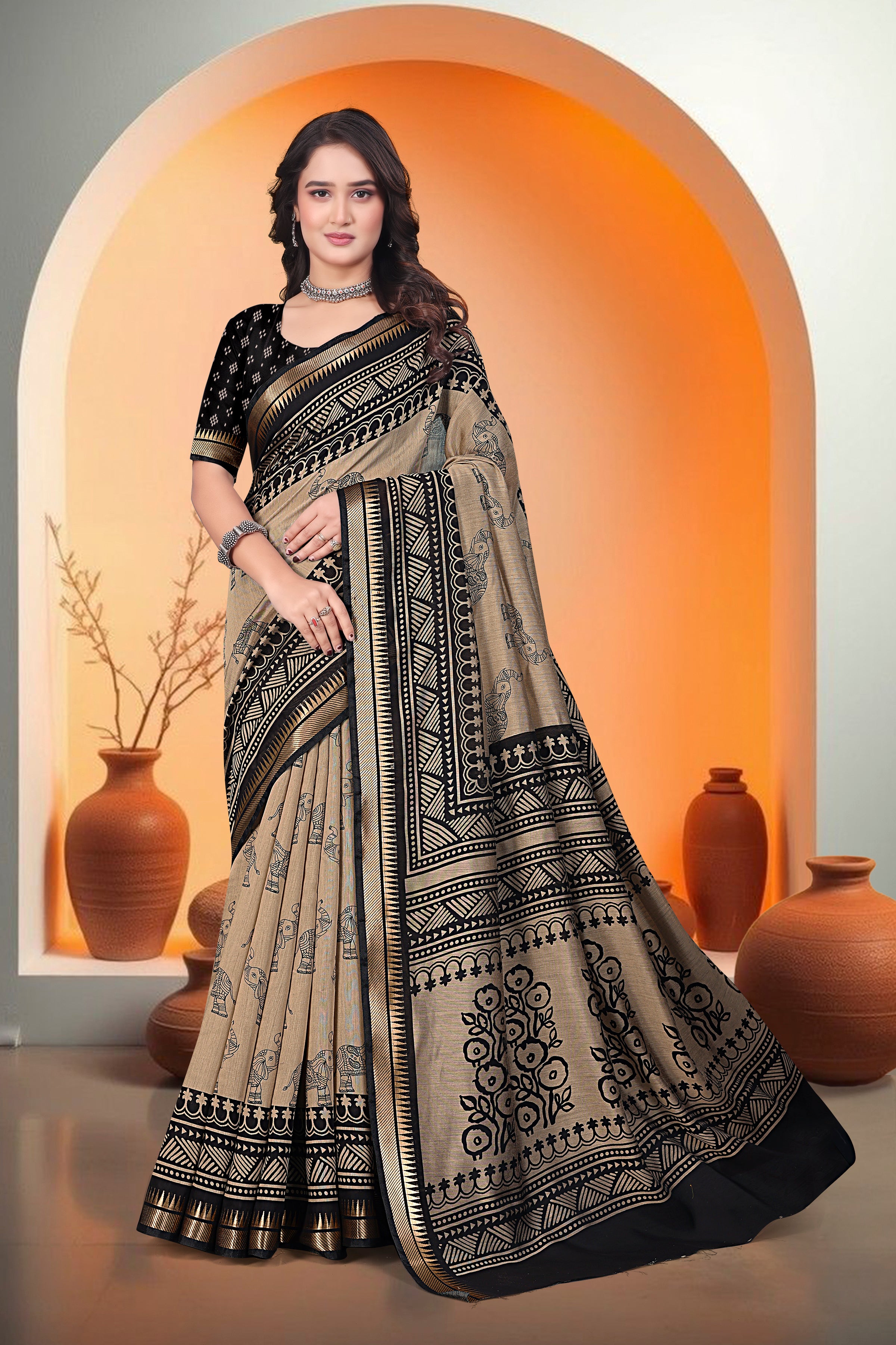 Elephant Print Saree – Beige & Black