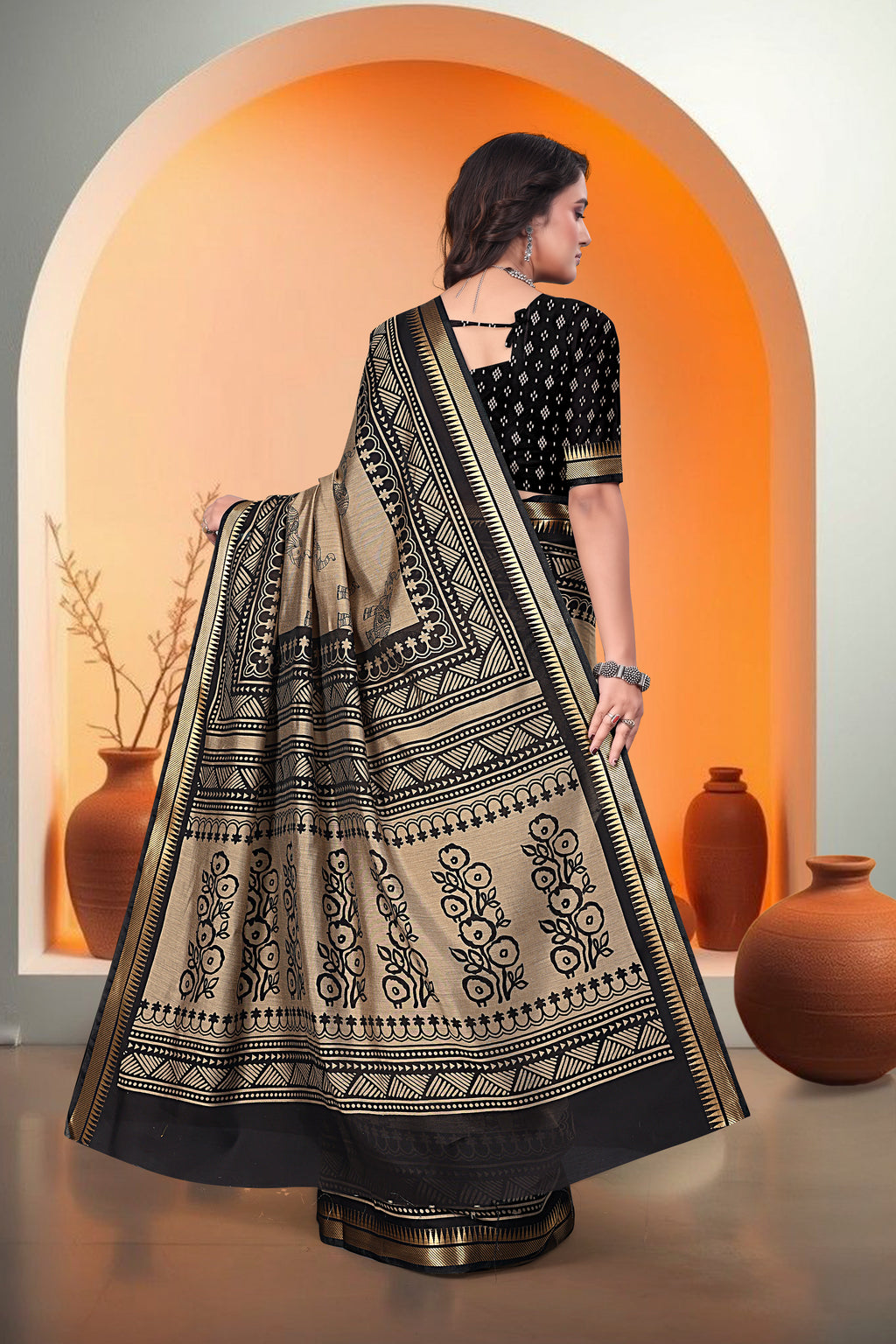 Elephant Print Saree – Beige & Black