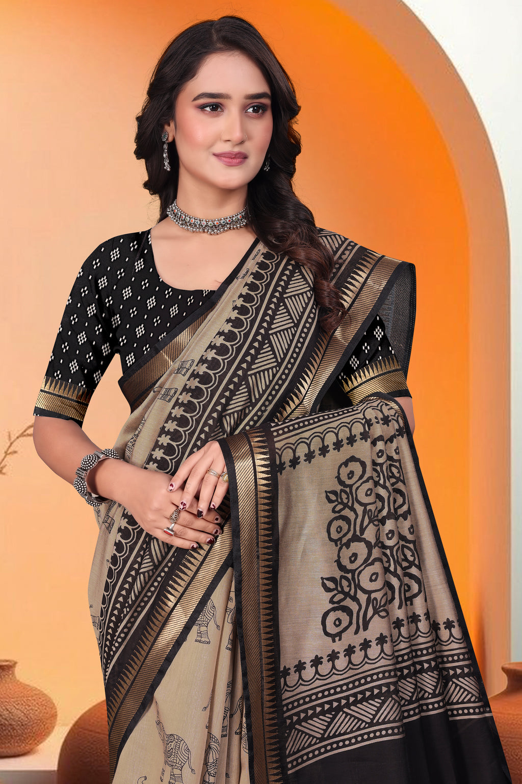 Elephant Print Saree – Beige & Black