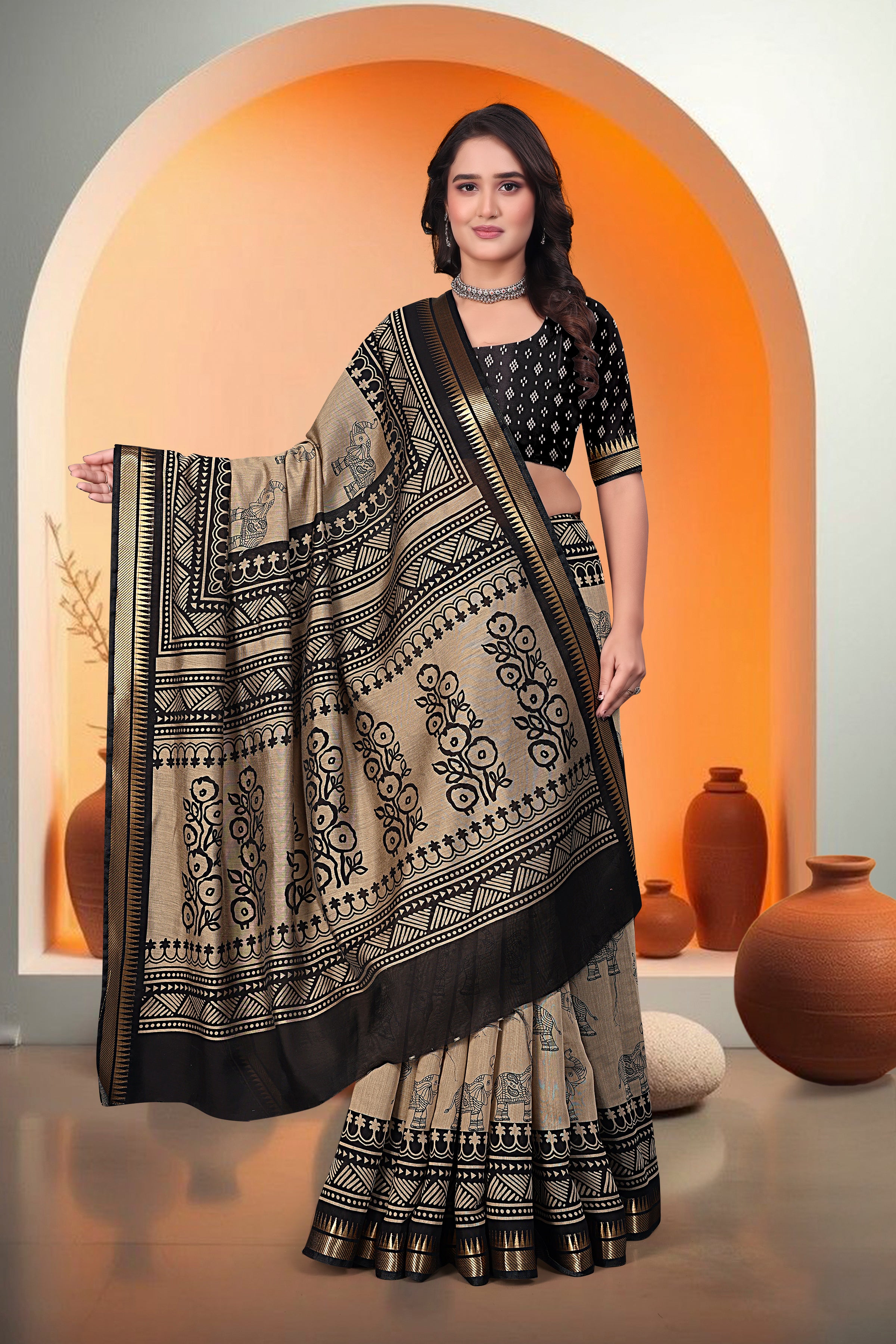 Elephant Print Saree – Beige & Black