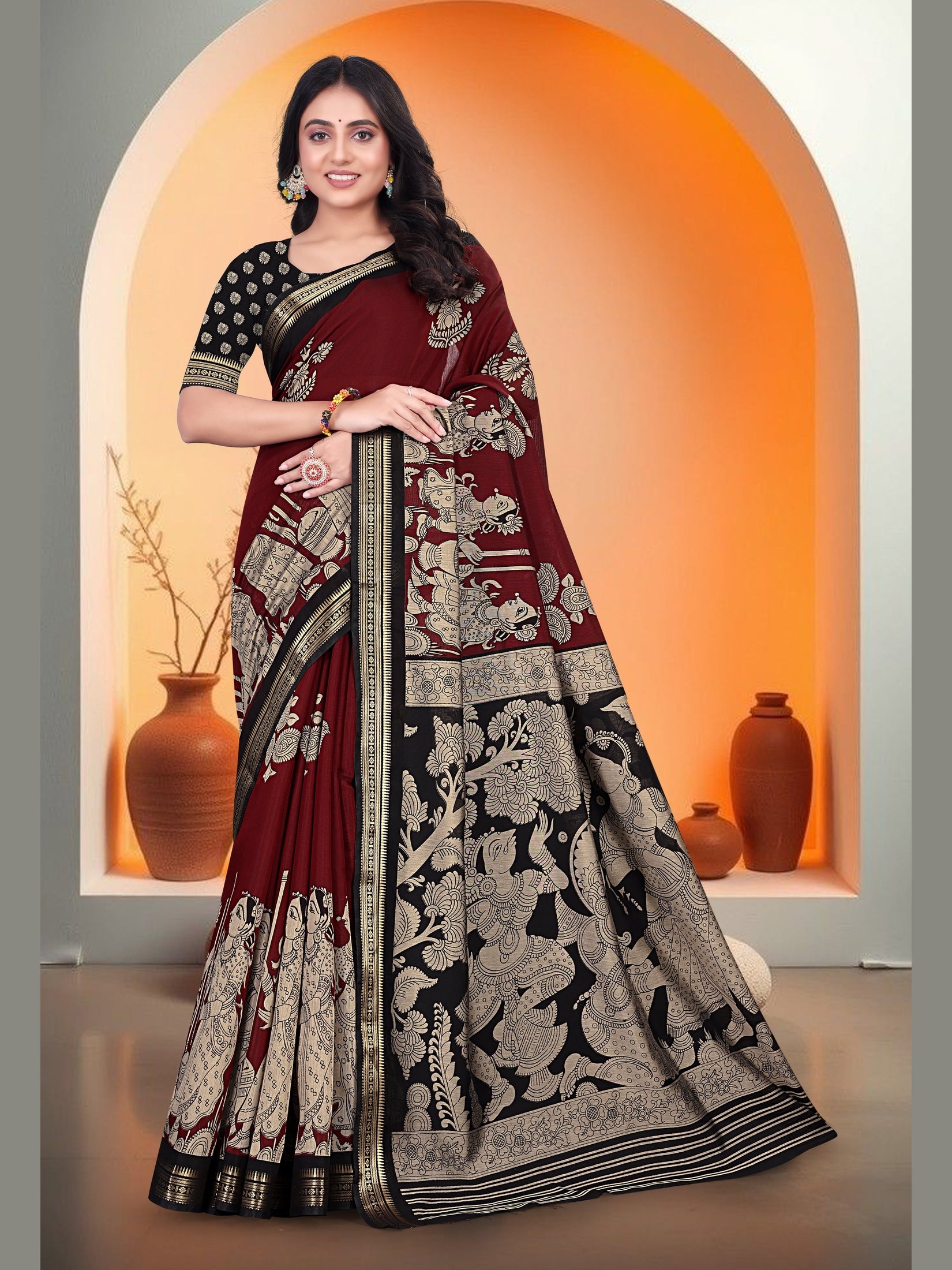 Kalamkari Printed Saree – Maroon & Black