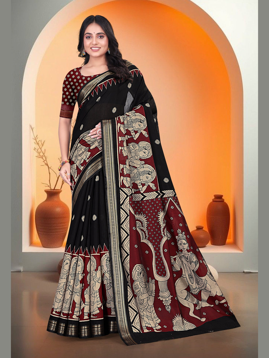 Kalamkari Printed Saree – Black