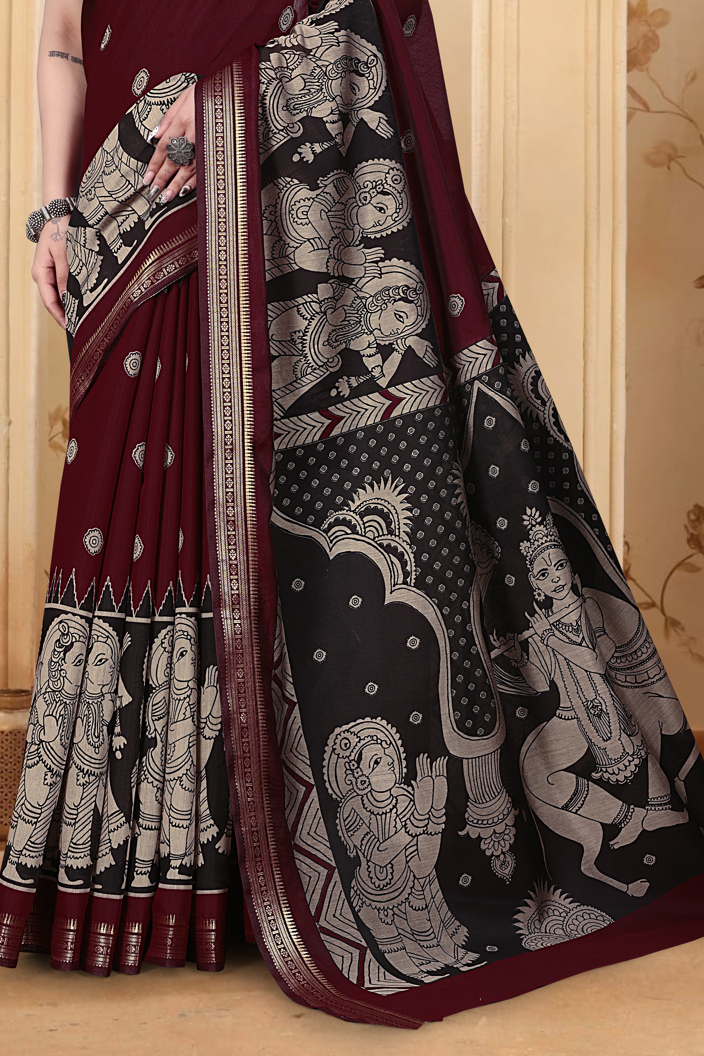 Kalamkari Printed Saree – Maroon