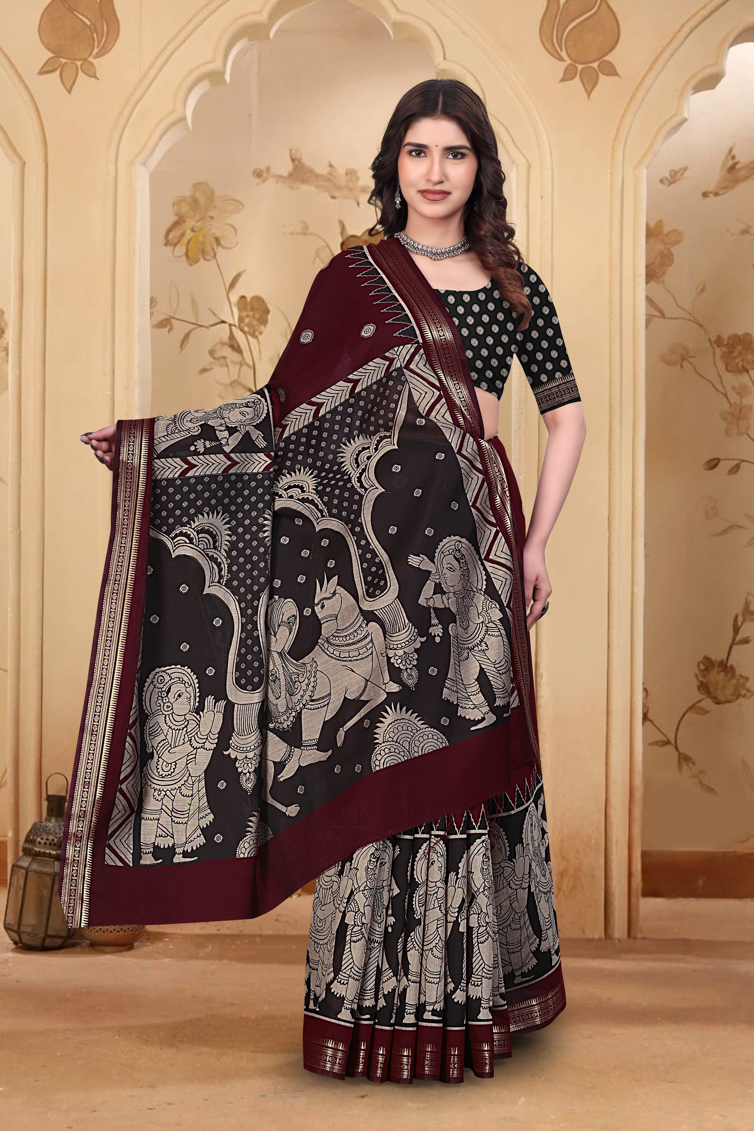Kalamkari Printed Saree – Maroon