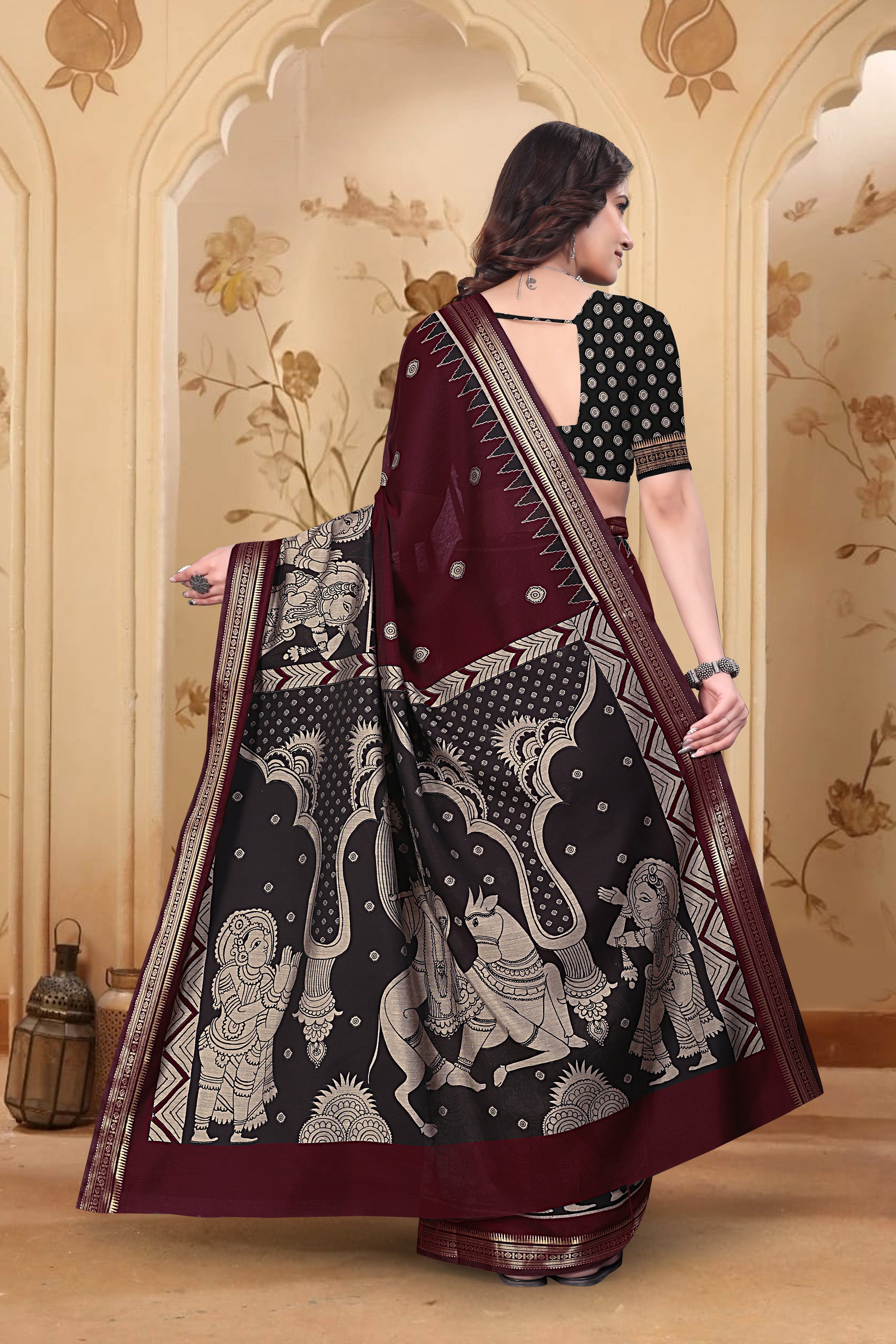 Kalamkari Printed Saree – Maroon