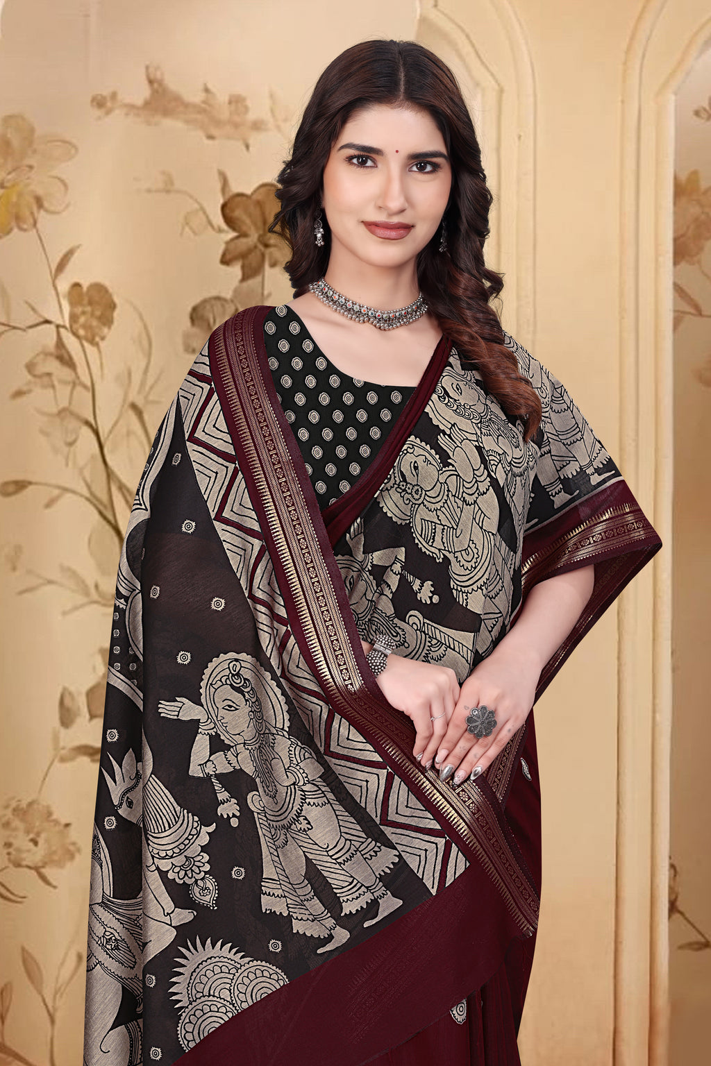 Kalamkari Printed Saree – Maroon