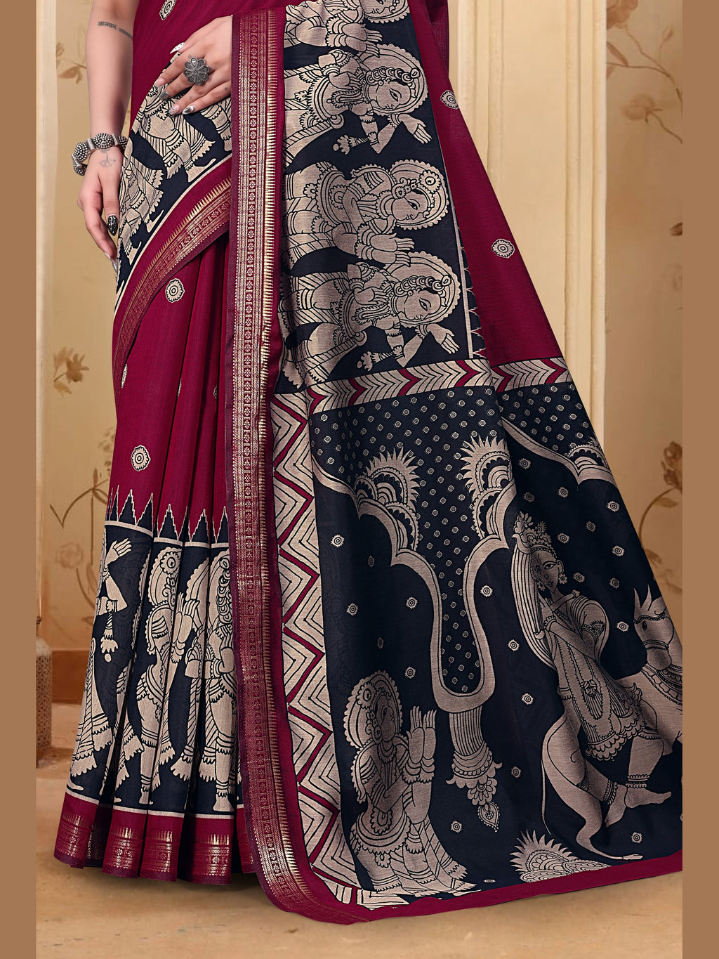 Kalamkari Printed Saree – Dark Pink