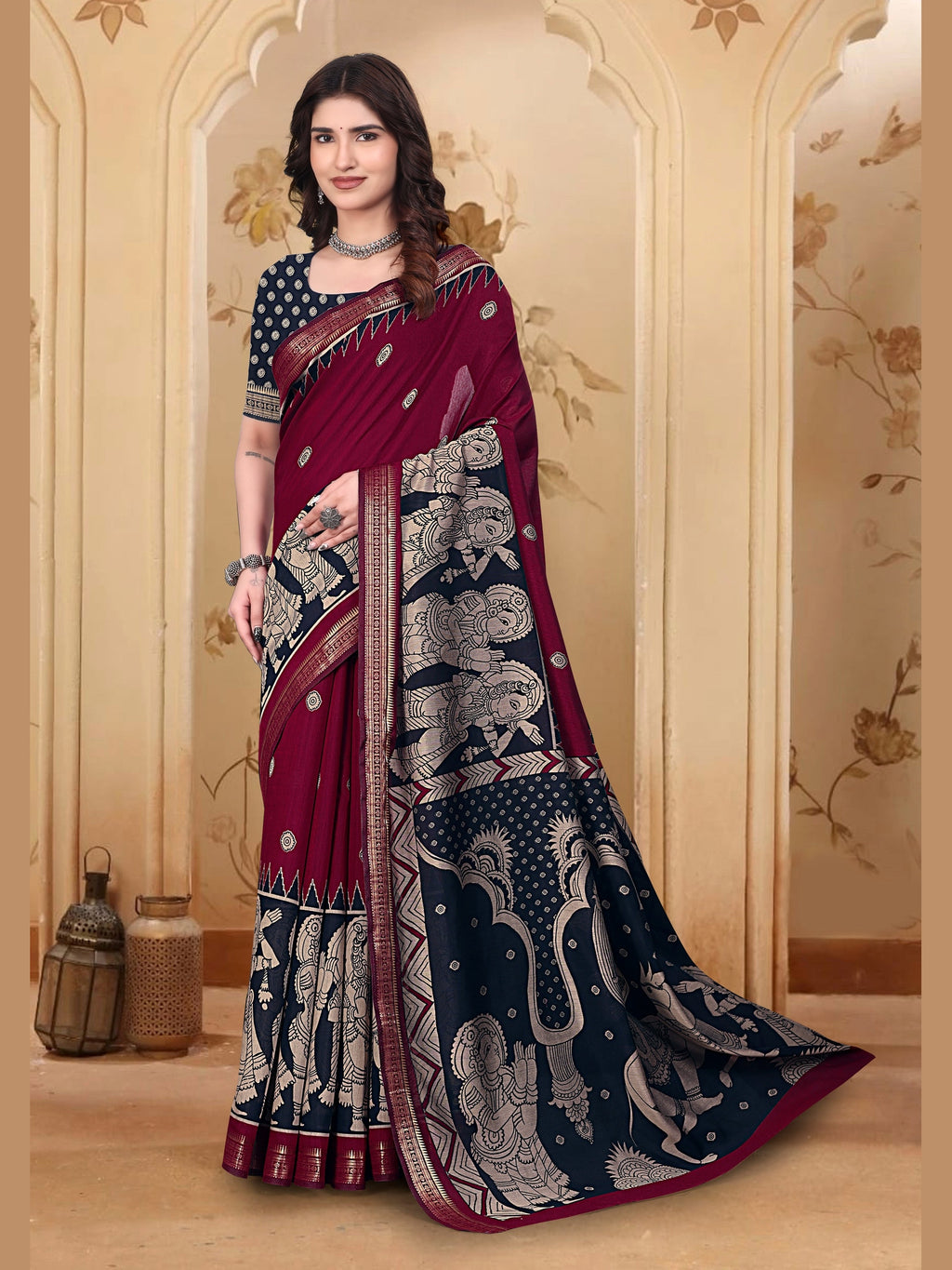 Kalamkari Printed Saree – Dark Pink