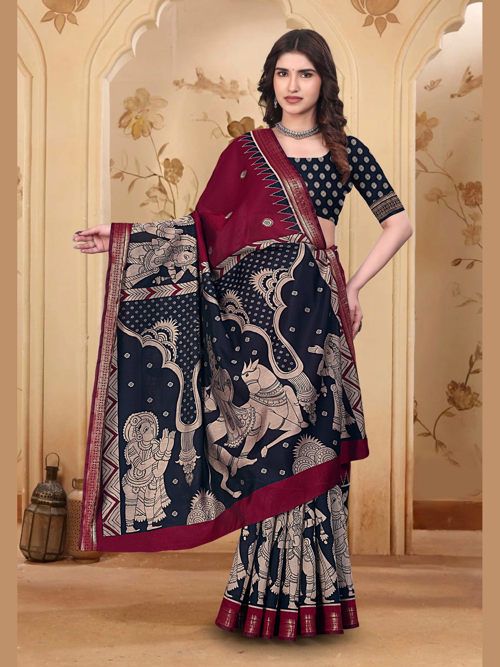 Kalamkari Printed Saree – Dark Pink