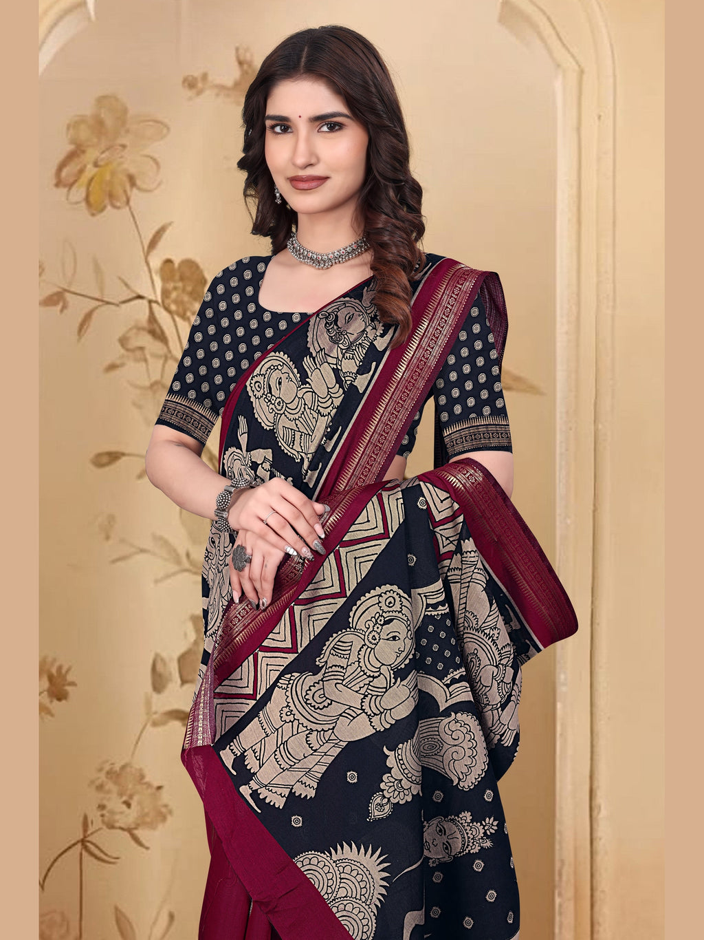 Kalamkari Printed Saree – Dark Pink