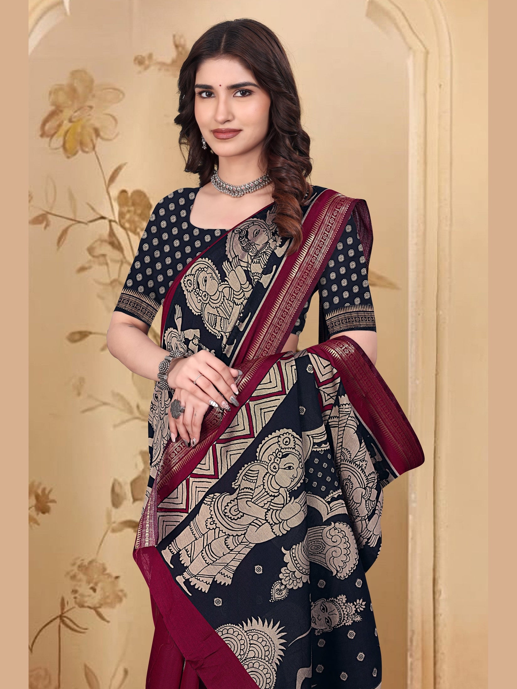 Kalamkari Printed Saree – Dark Pink