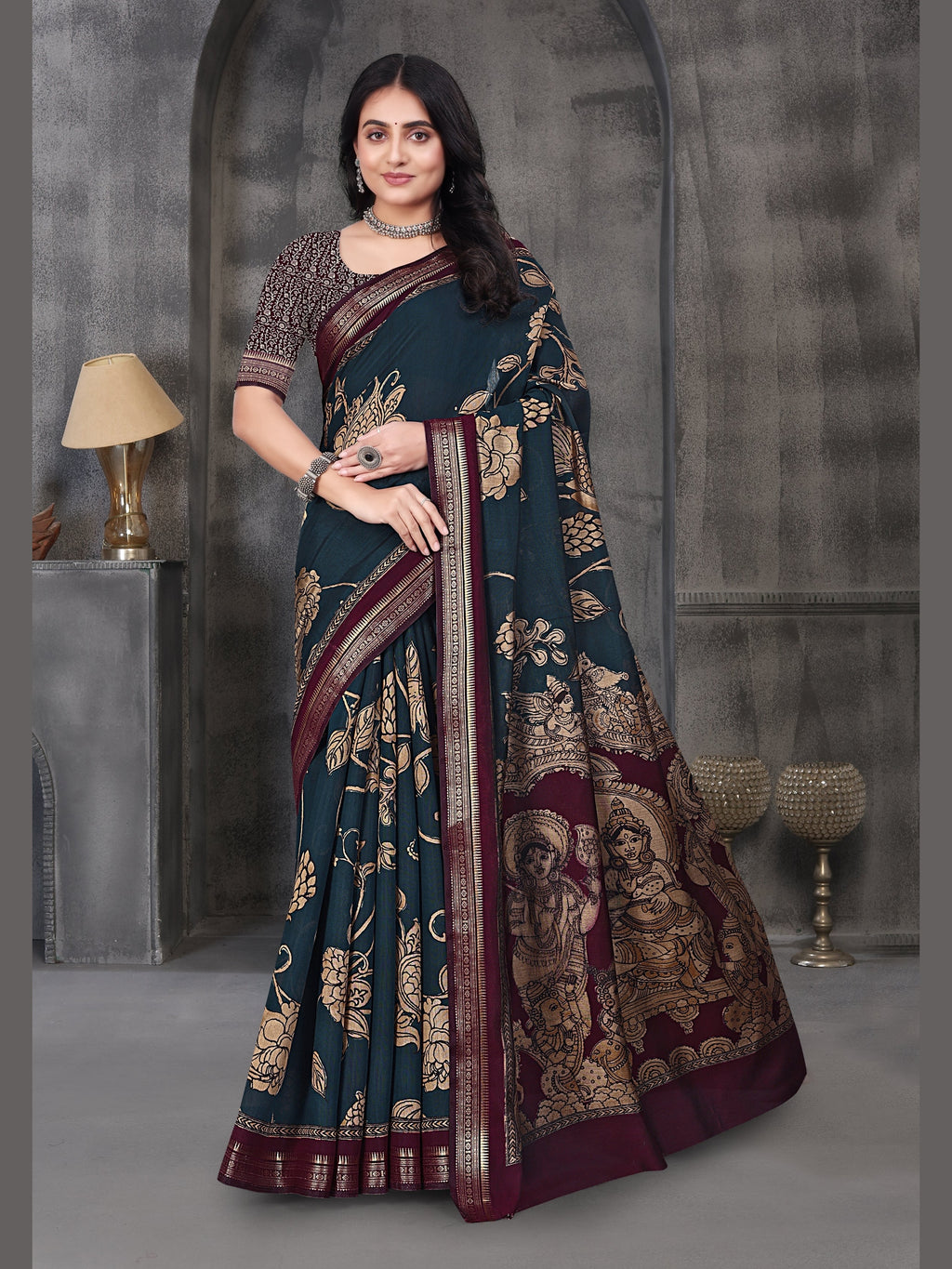 Kalamkari Printed Saree – Teal Blue