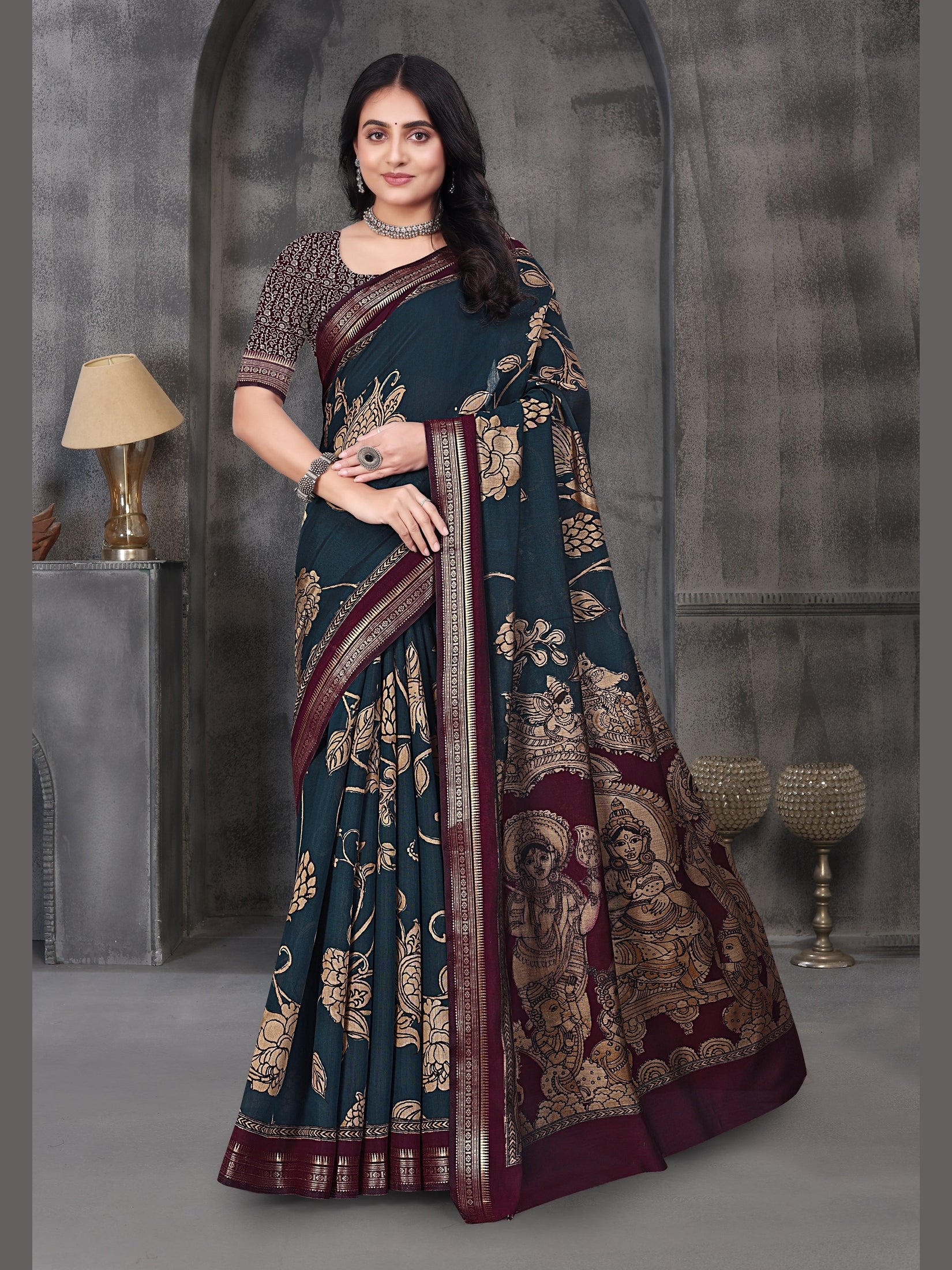 Kalamkari Printed Saree – Teal Blue