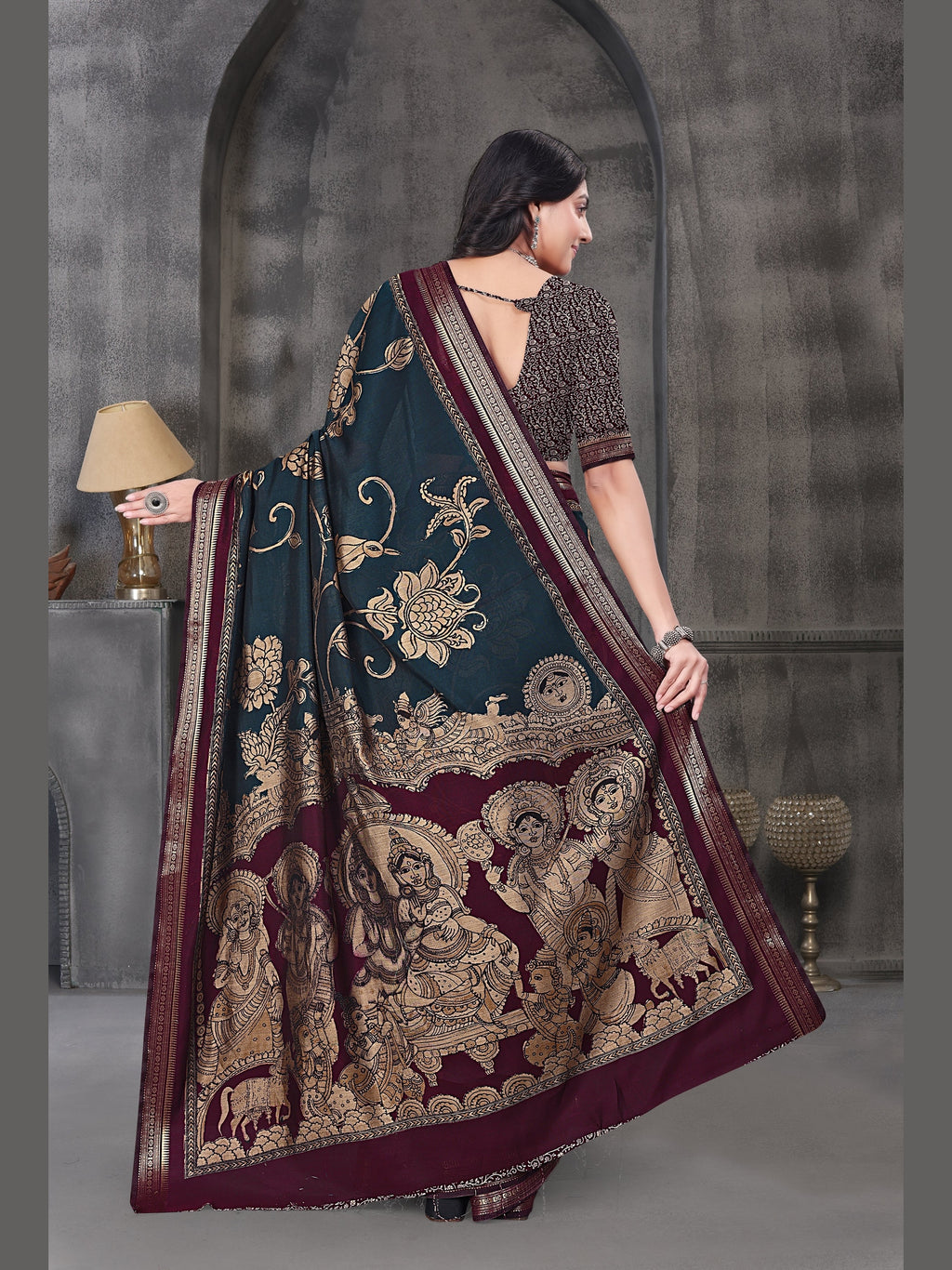 Kalamkari Printed Saree – Teal Blue