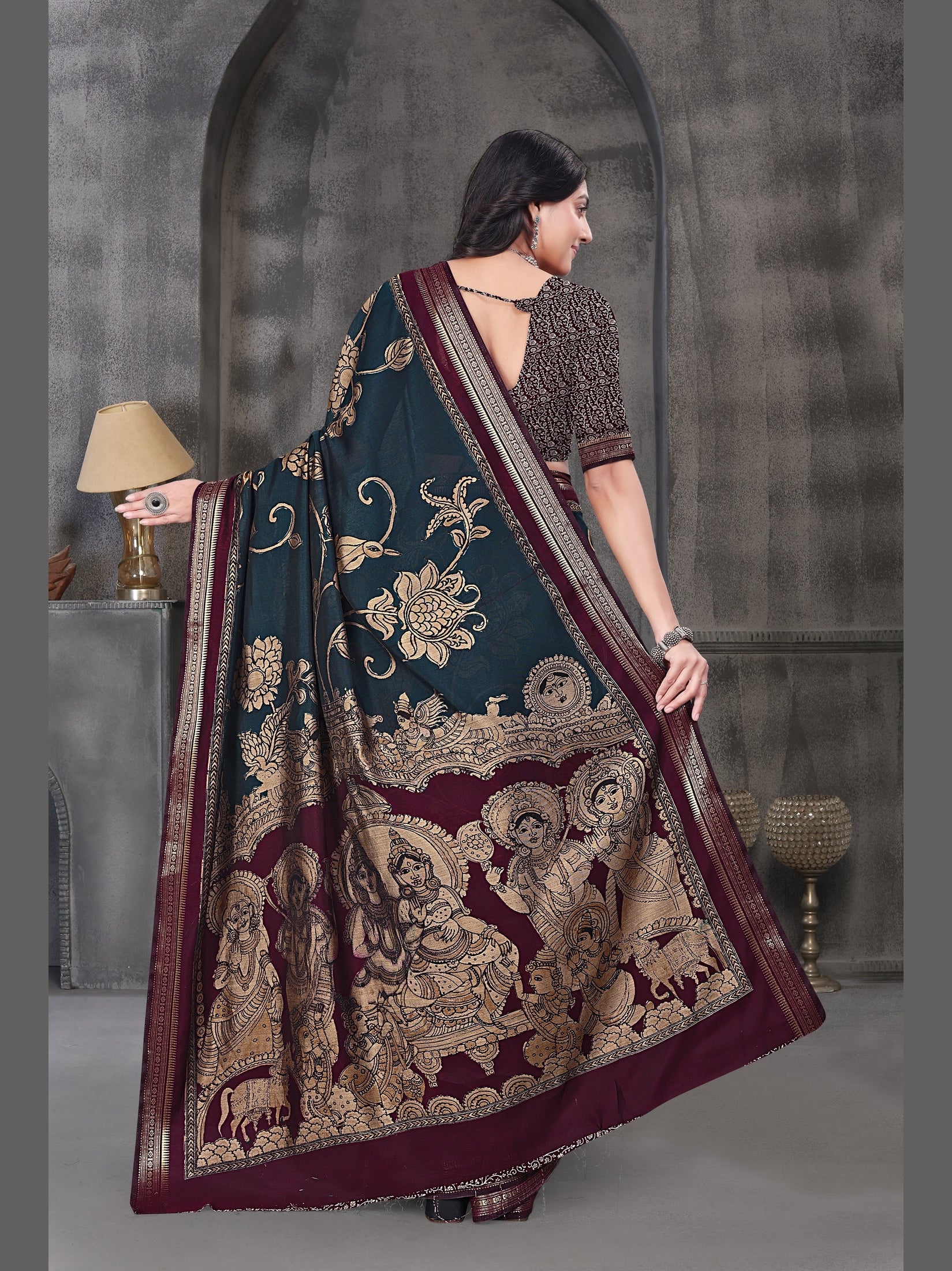 Kalamkari Printed Saree – Teal Blue