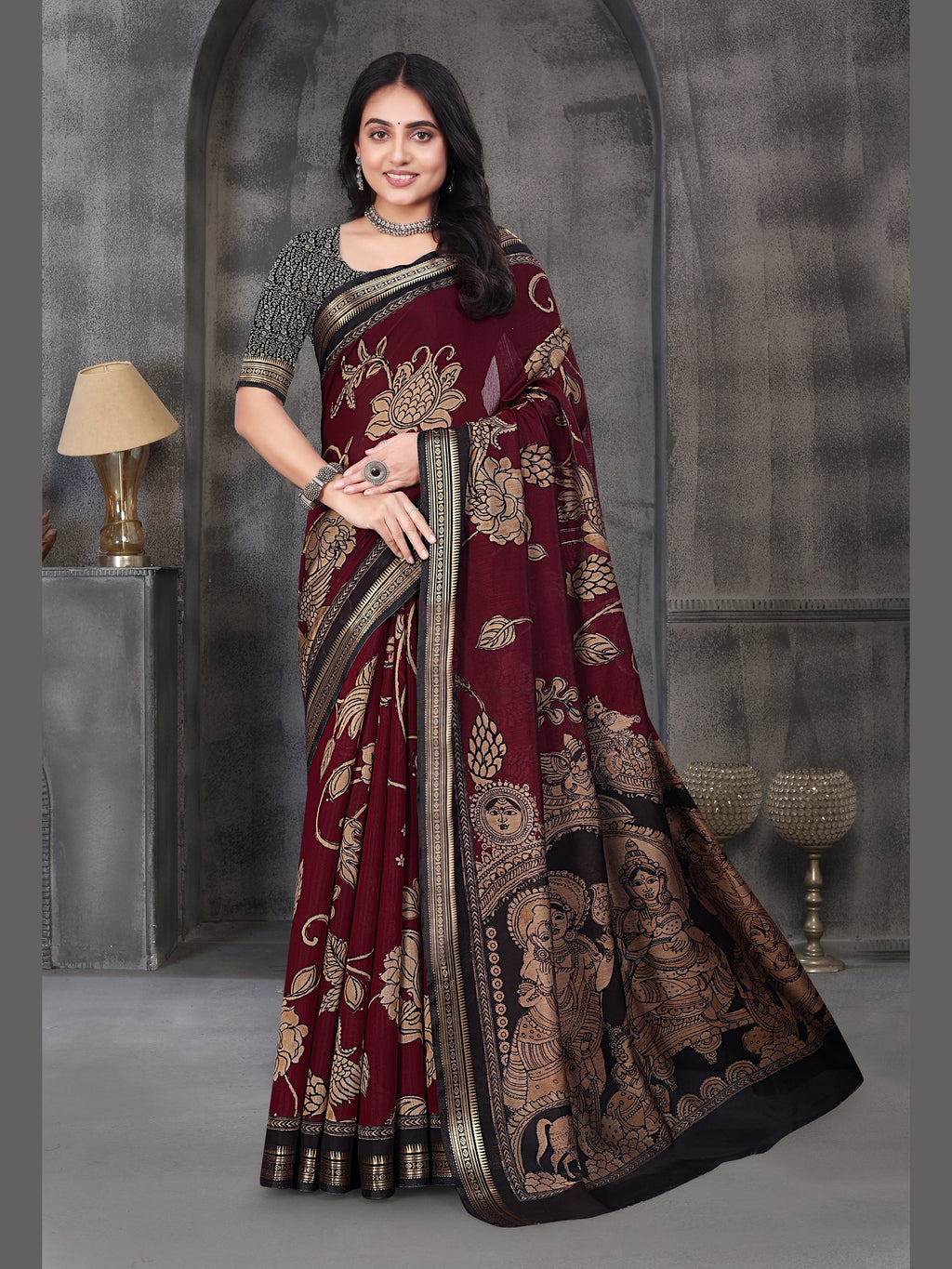 Kalamkari Printed Saree – Deep Maroon