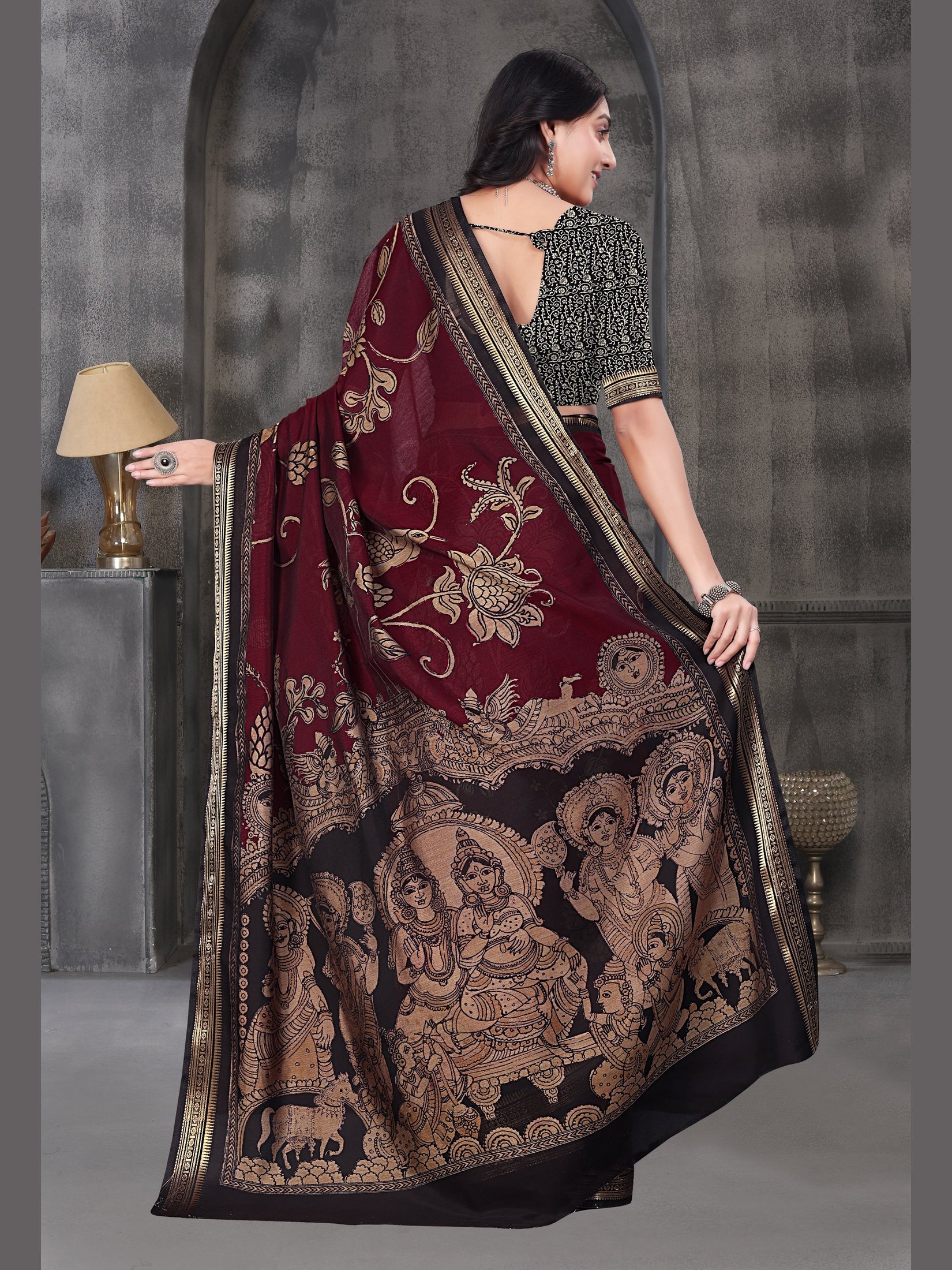 Kalamkari Printed Saree – Deep Maroon