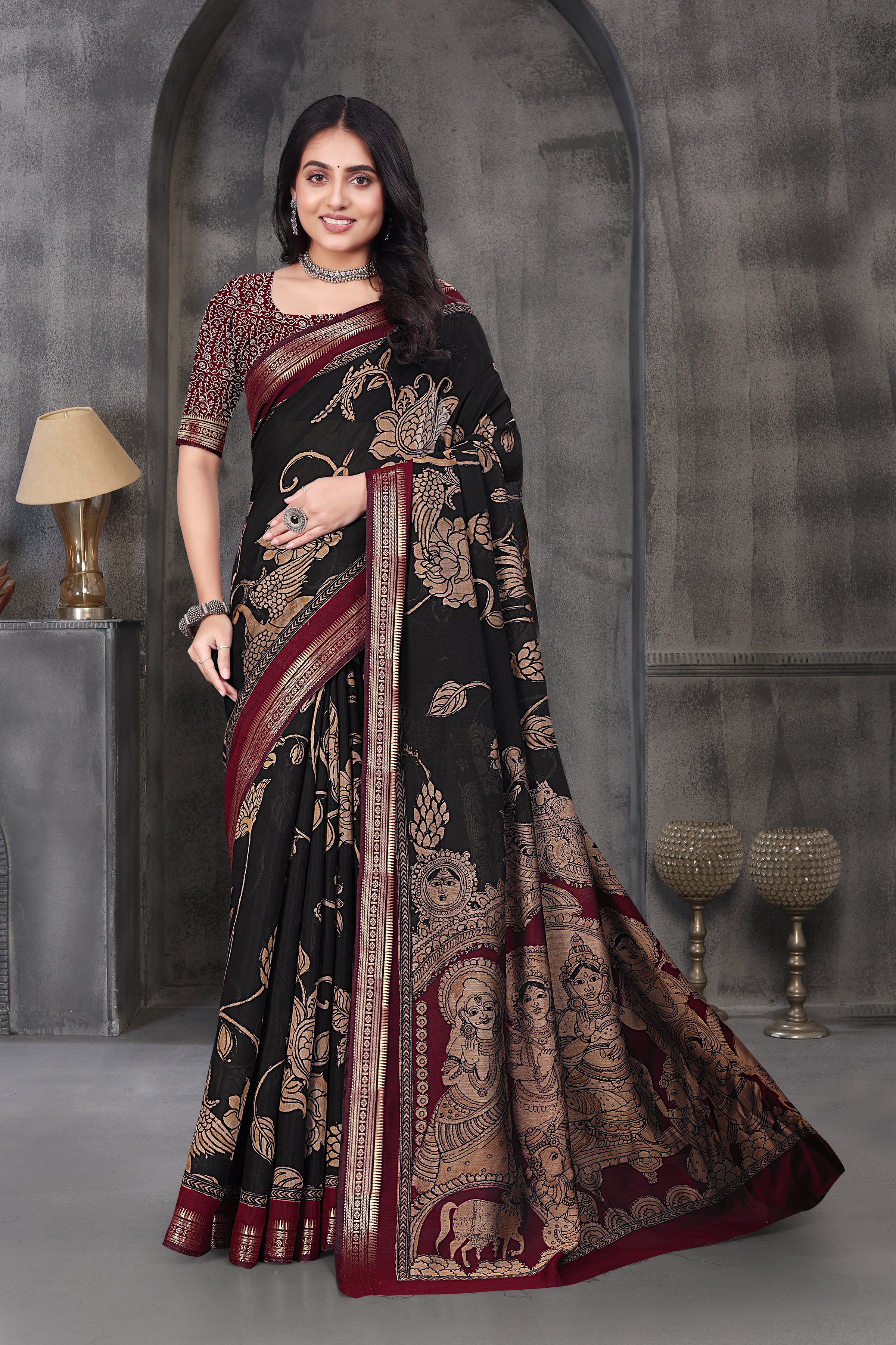 Kalamkari Printed Saree – Black & Maroon