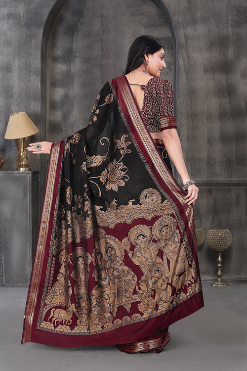 Kalamkari Printed Saree – Black & Maroon