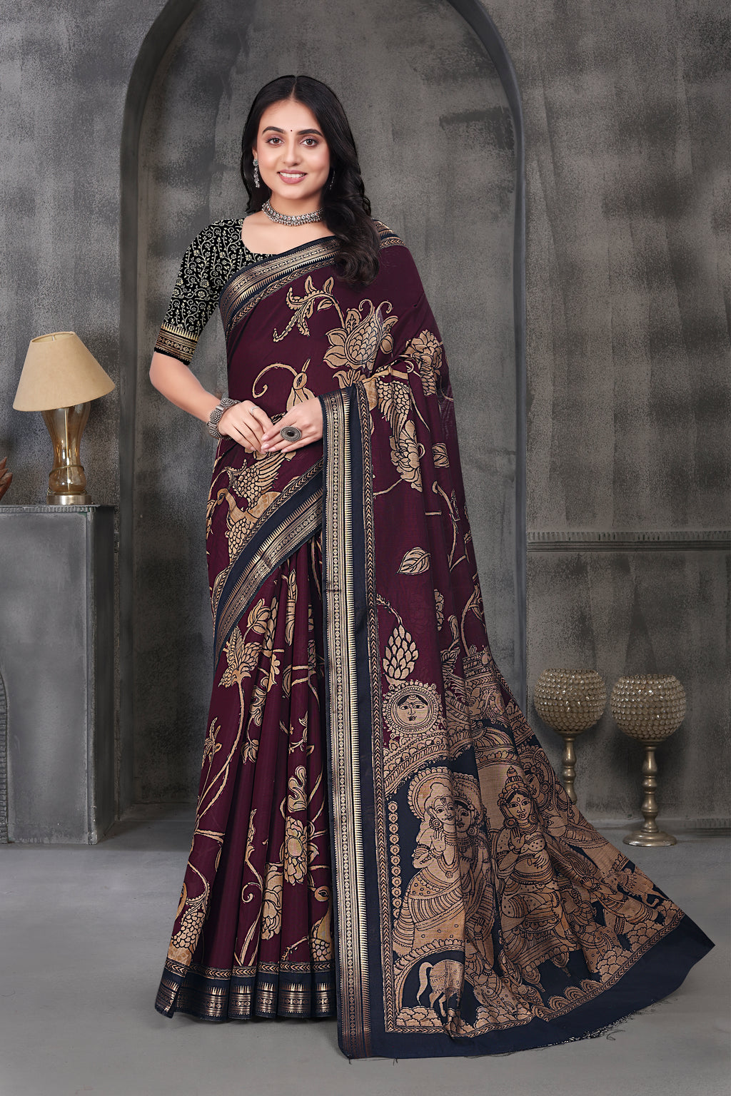 Kalamkari Printed Saree - Wine