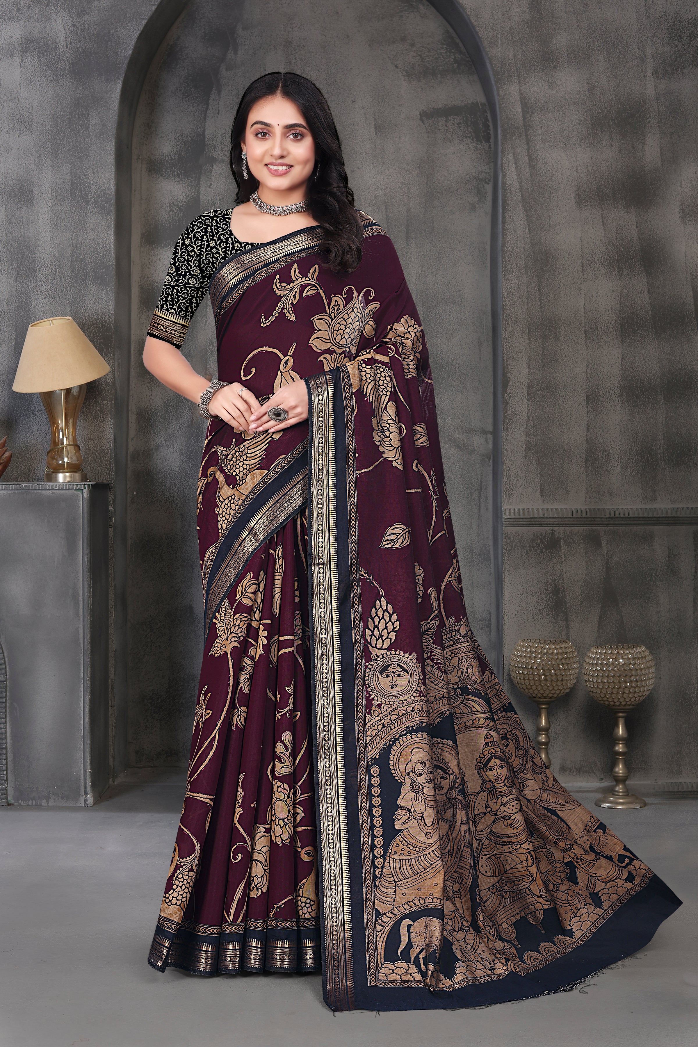 Kalamkari Printed Saree - Wine