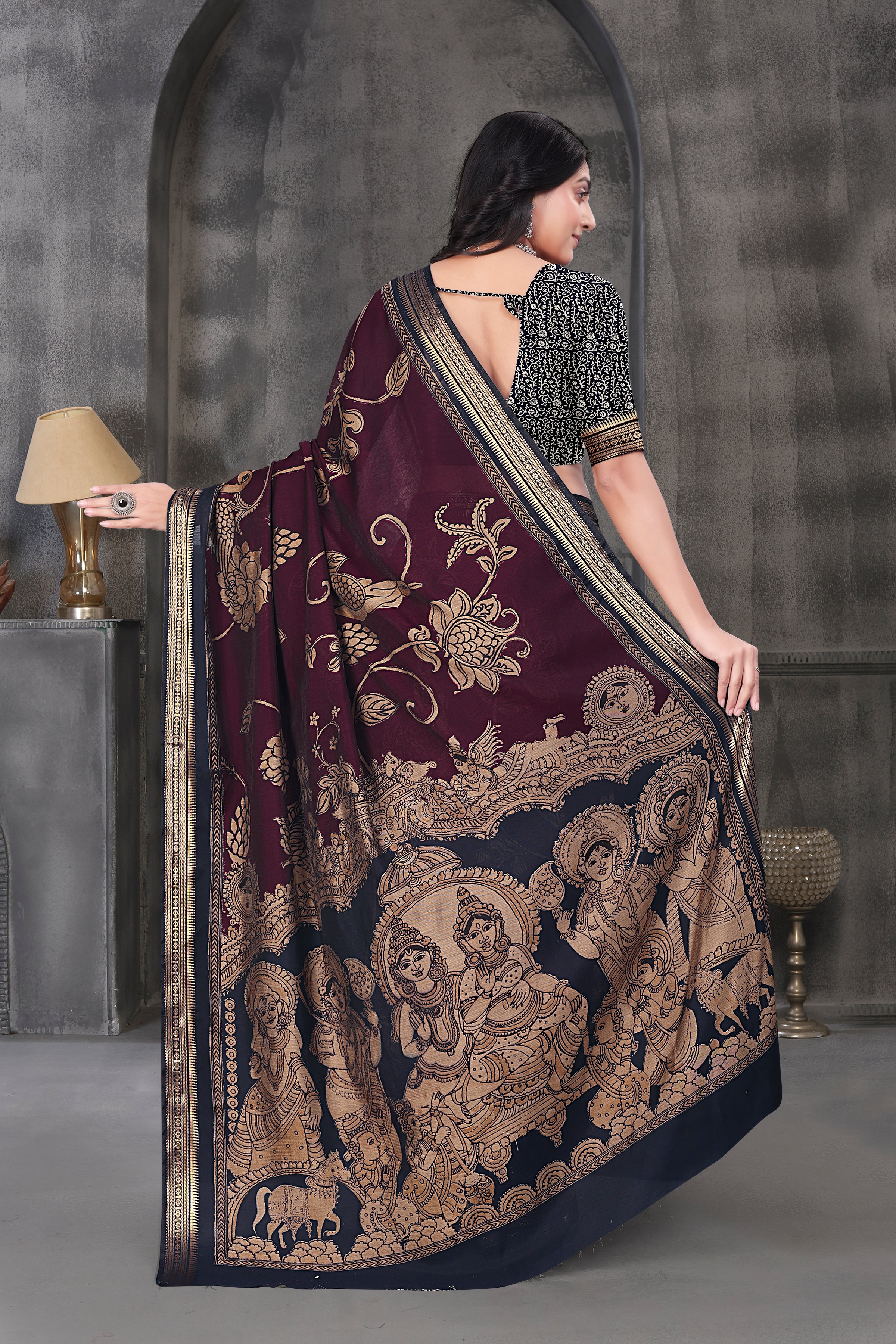 Kalamkari Printed Saree - Wine