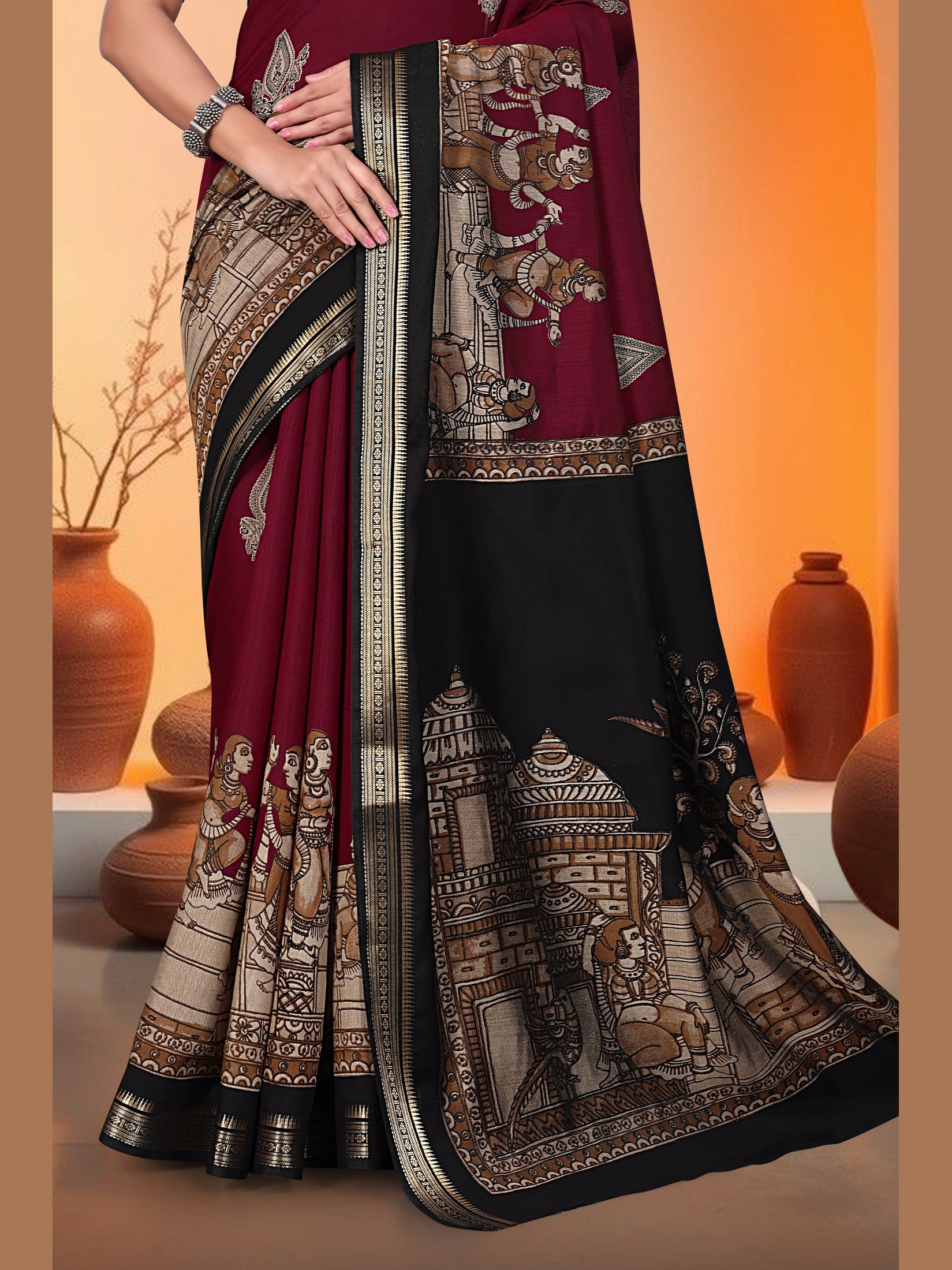 Kalamkari Printed Saree – Maroon