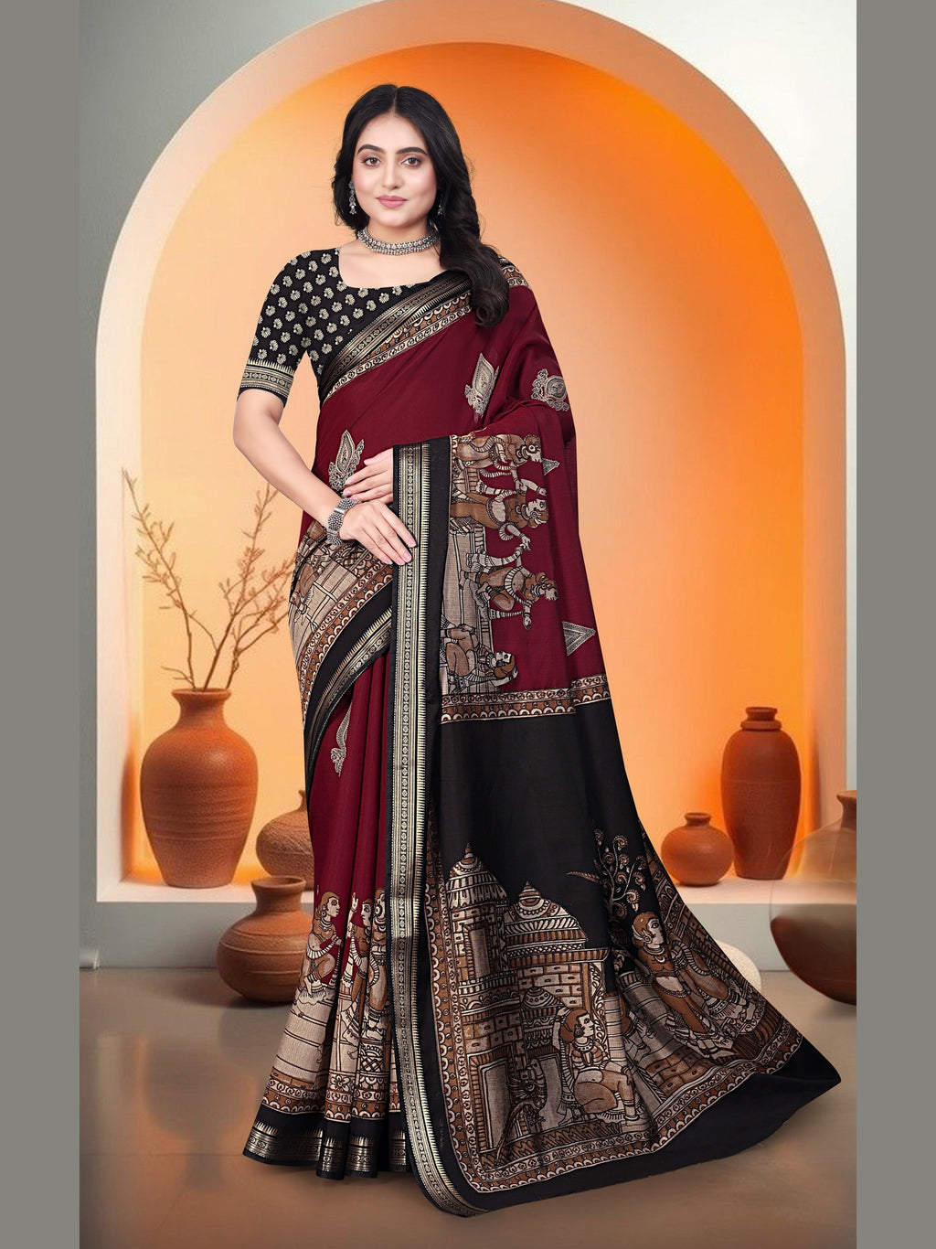 Kalamkari Printed Saree – Maroon