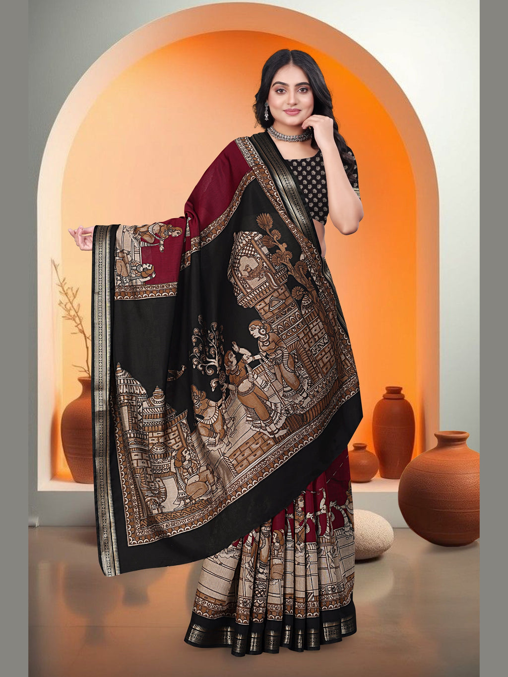 Kalamkari Printed Saree – Maroon