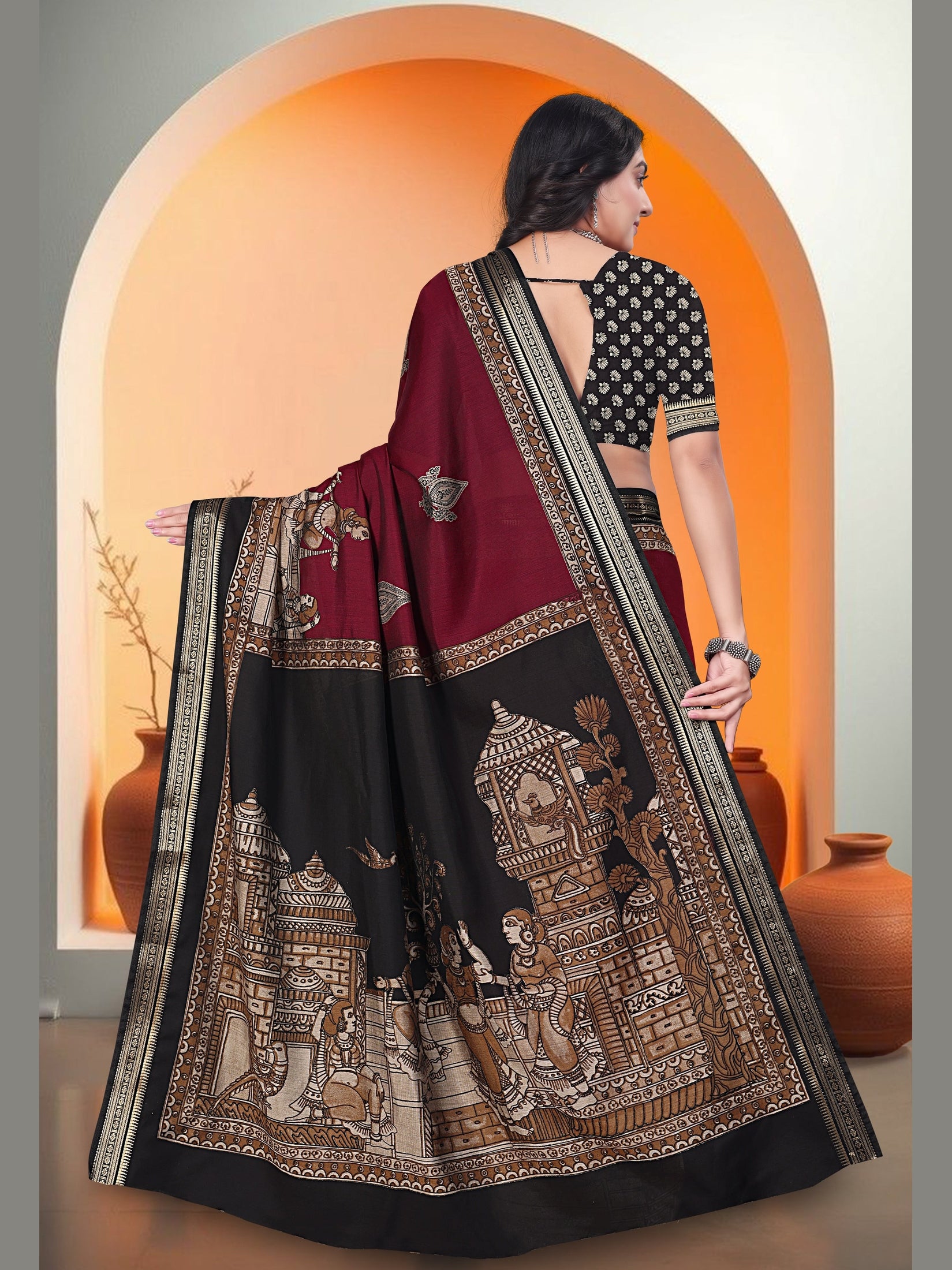 Kalamkari Printed Saree – Maroon