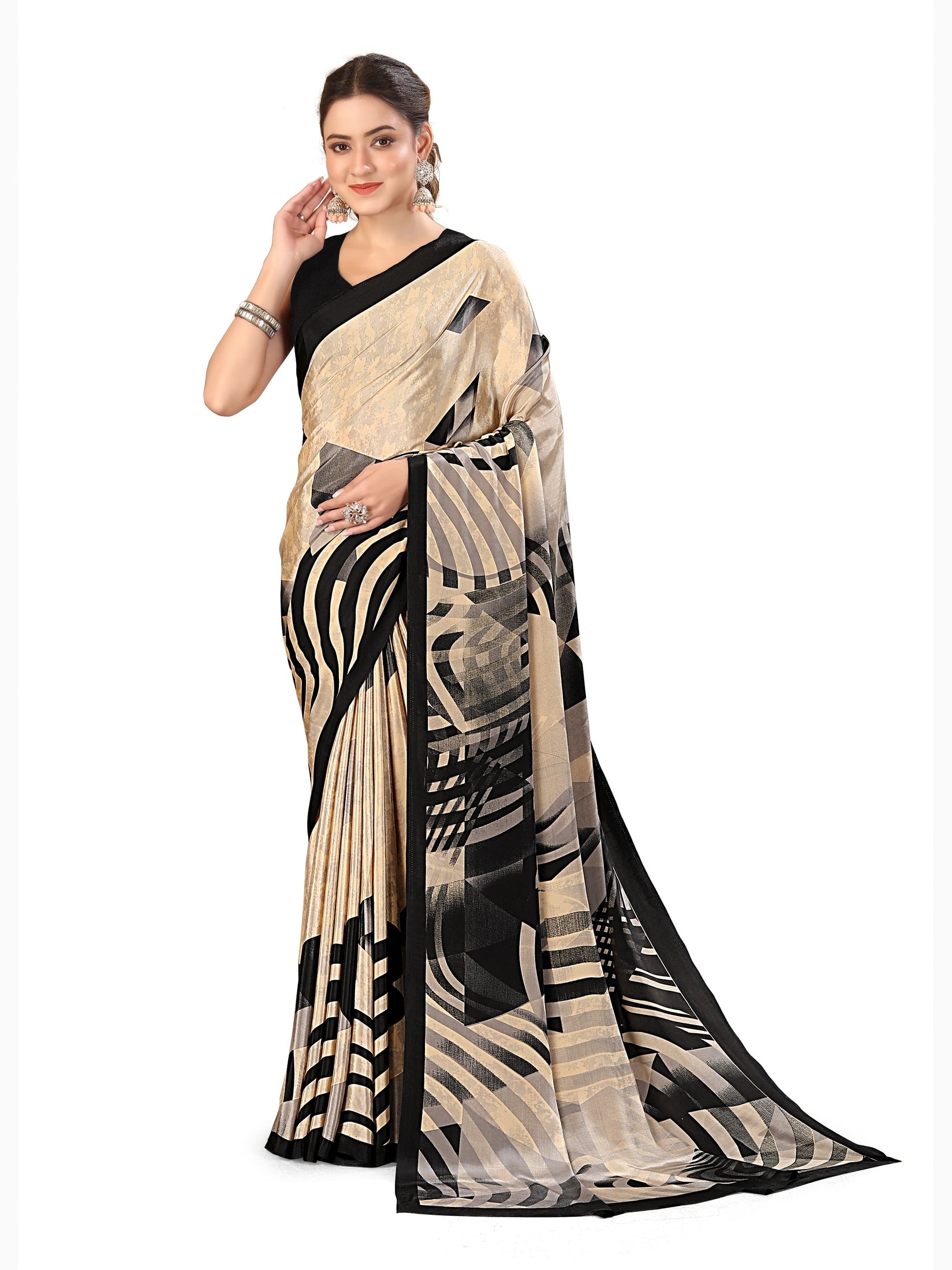 Printed Crepe Saree – Beige & Black
