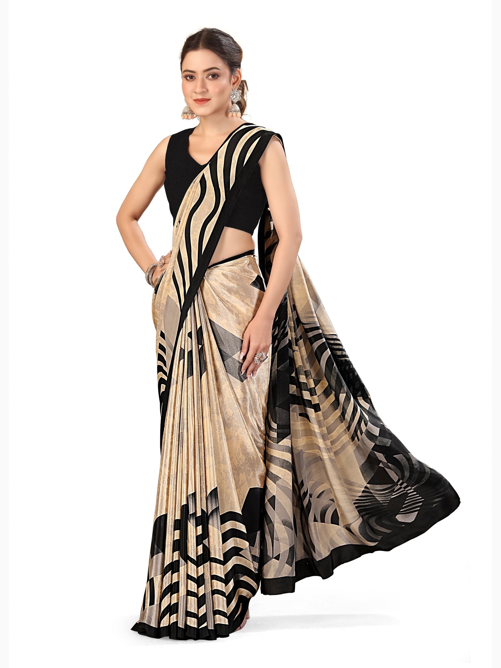 Printed Crepe Saree – Beige & Black