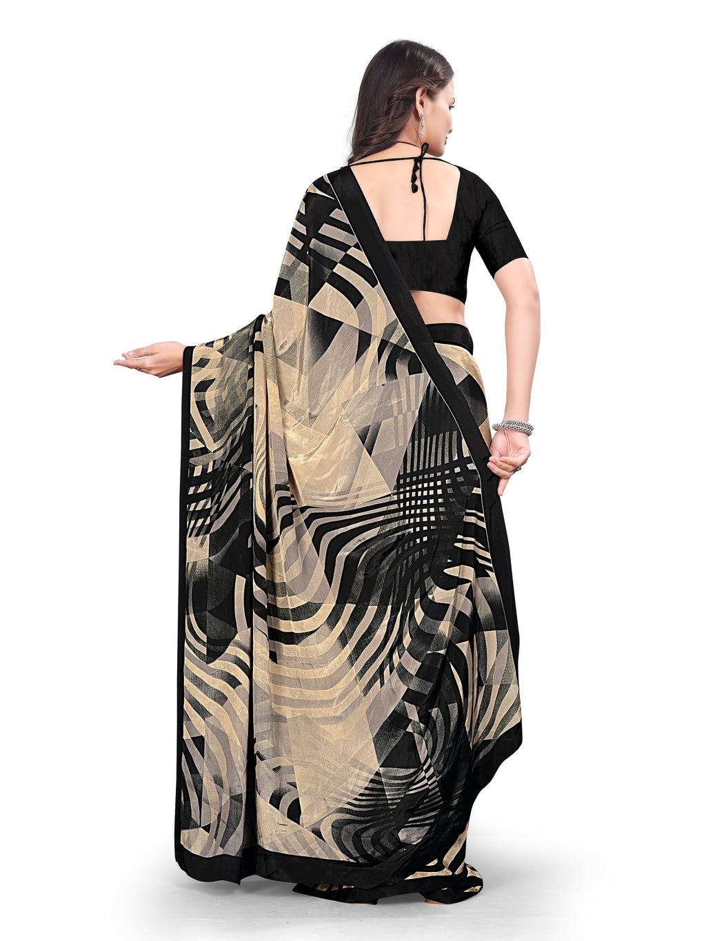 Printed Crepe Saree – Beige & Black