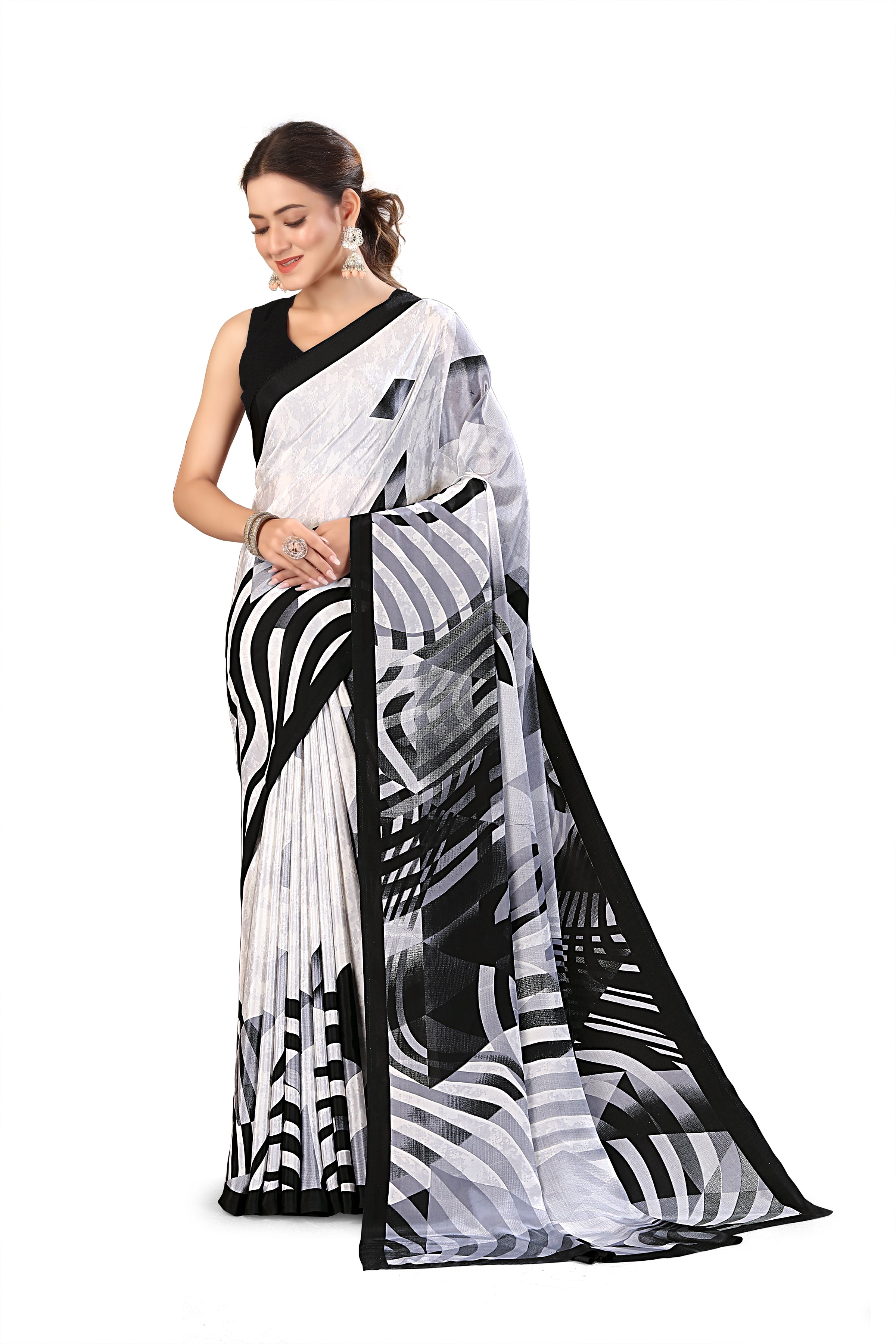 Printed Crepe Saree – White