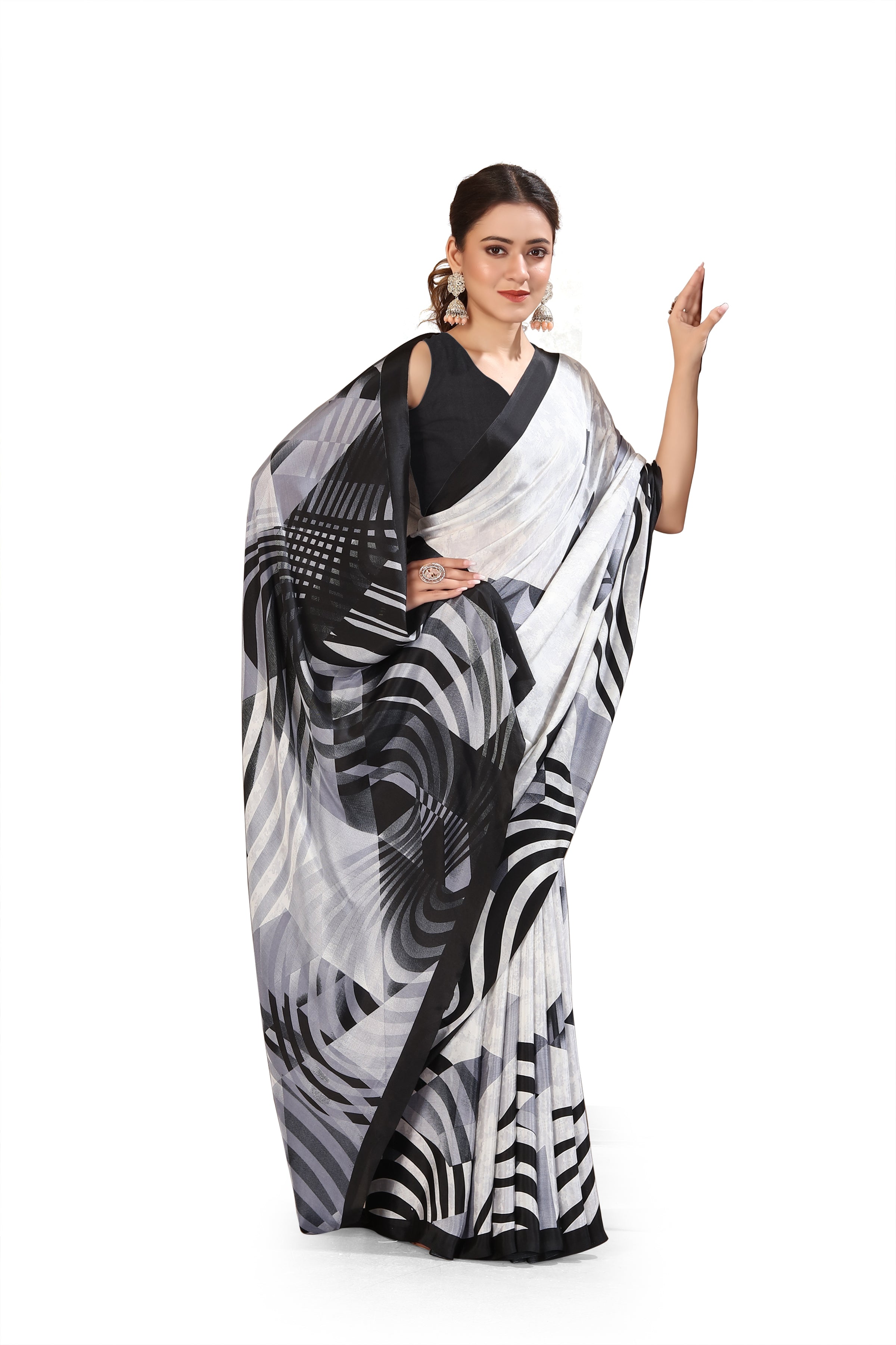 Printed Crepe Saree – White