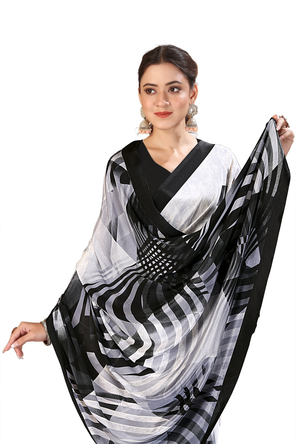 Printed Crepe Saree – White
