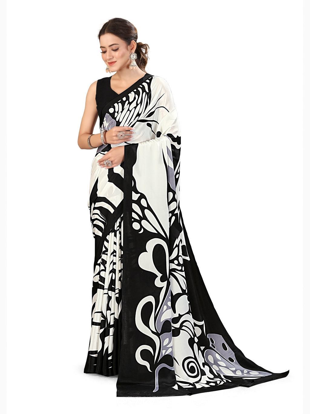 Printed Crepe Saree – White & Black