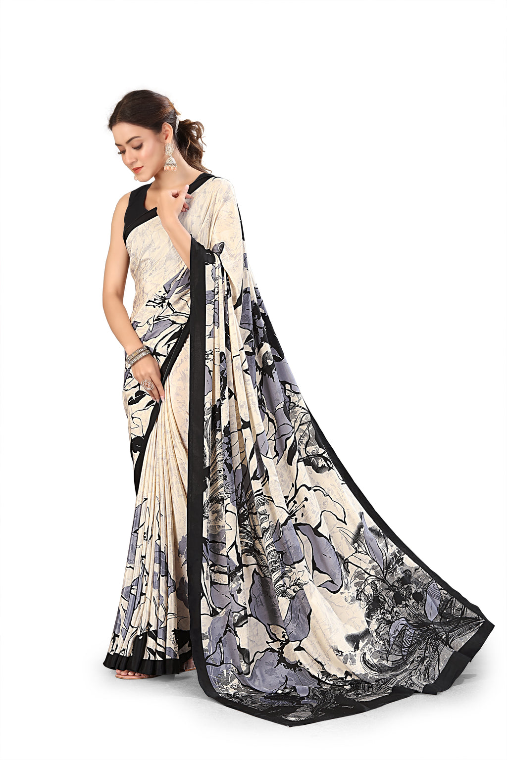 Printed Crepe Saree – Cream
