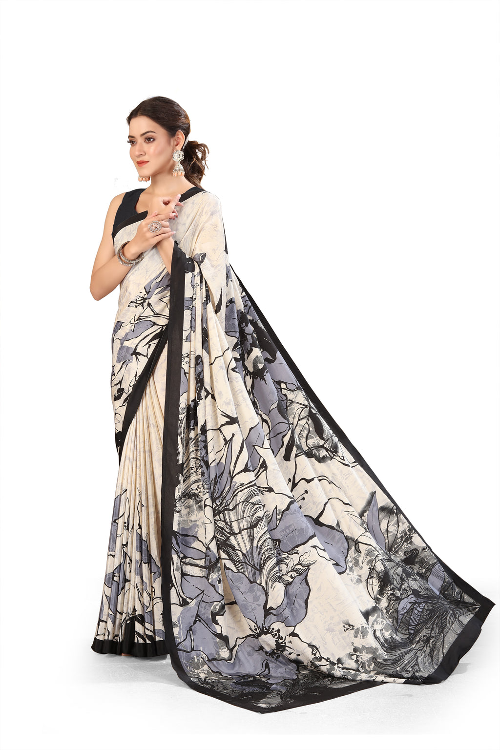 Printed Crepe Saree – Cream