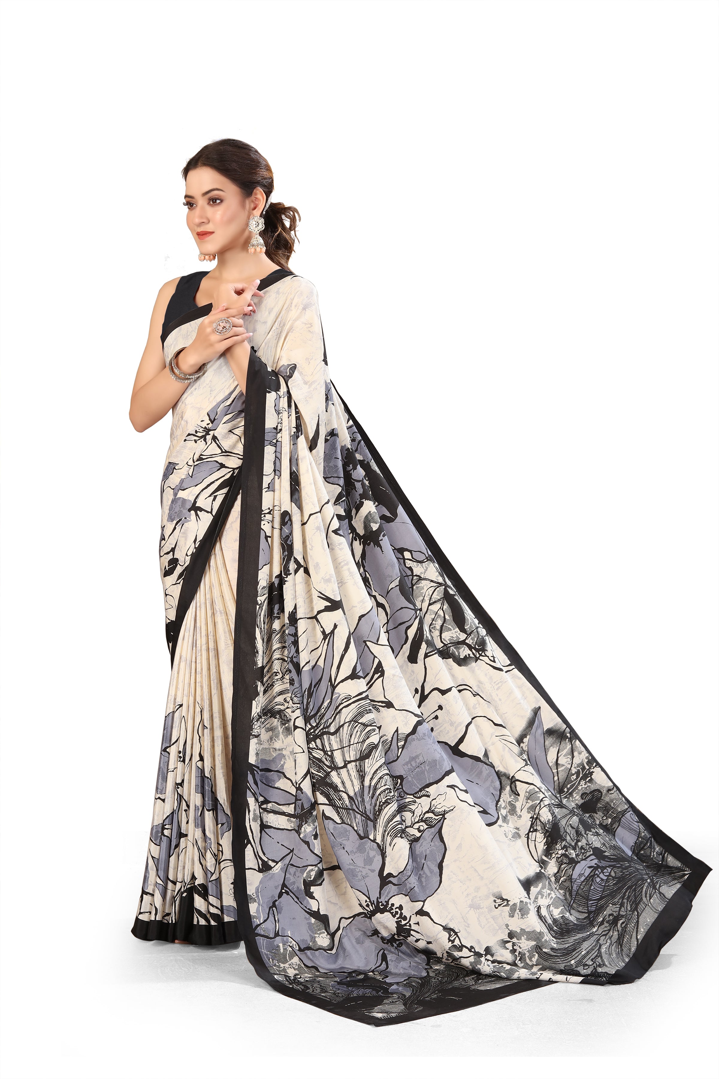 Printed Crepe Saree – Cream