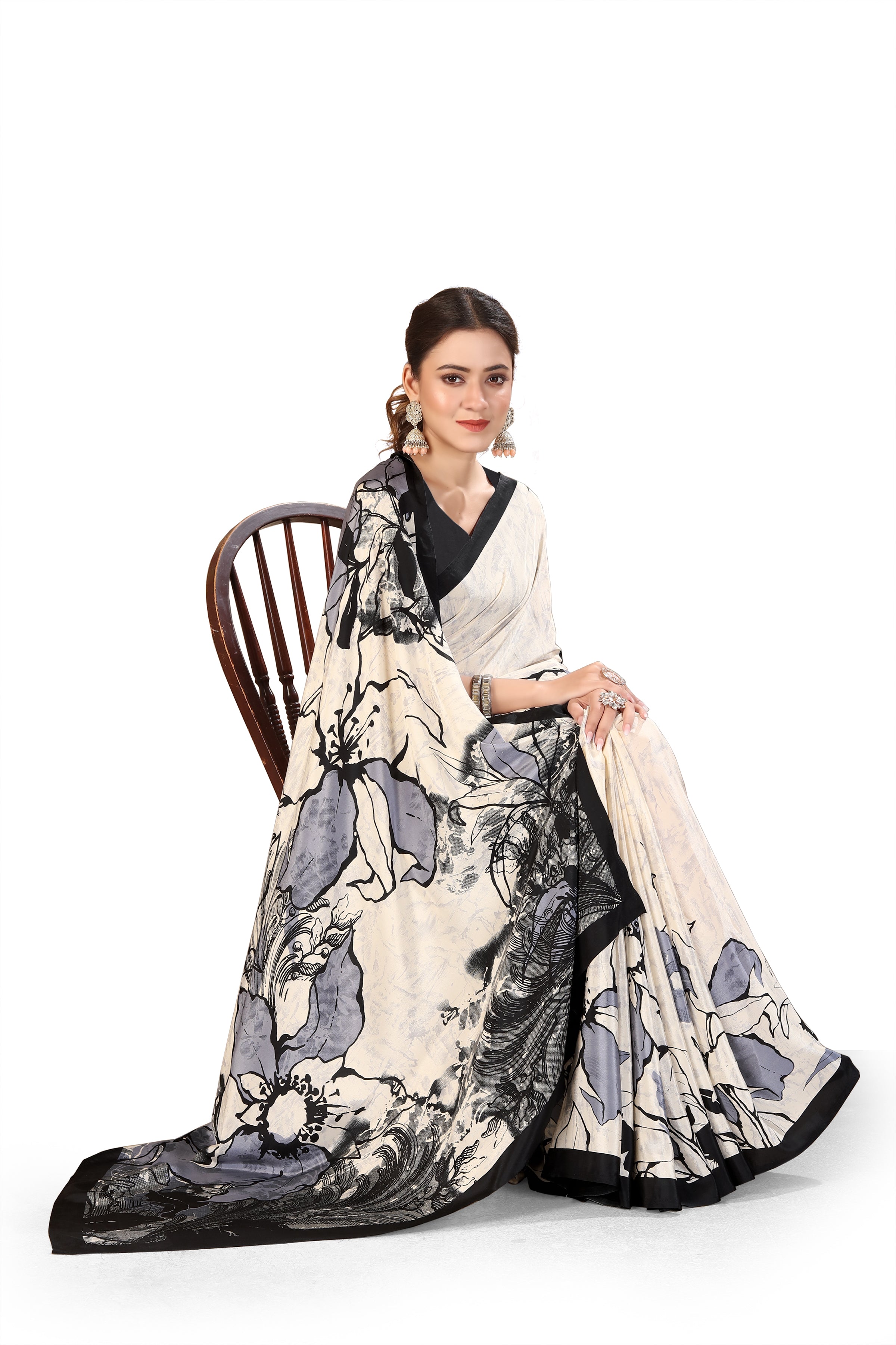 Printed Crepe Saree – Cream